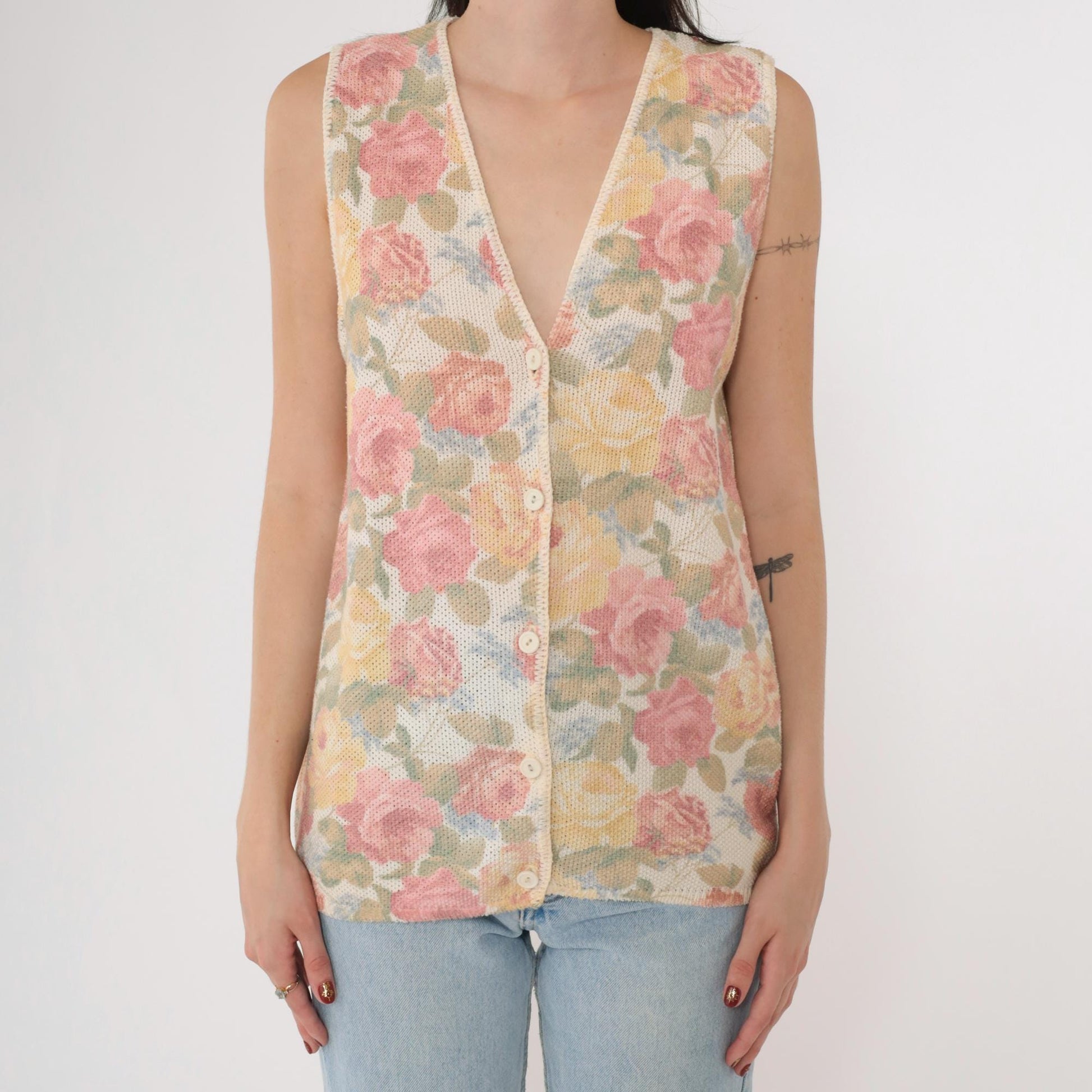 90s Floral Knit Vest Pink Yellow Rose Print Button-Up Sleeveless Medium