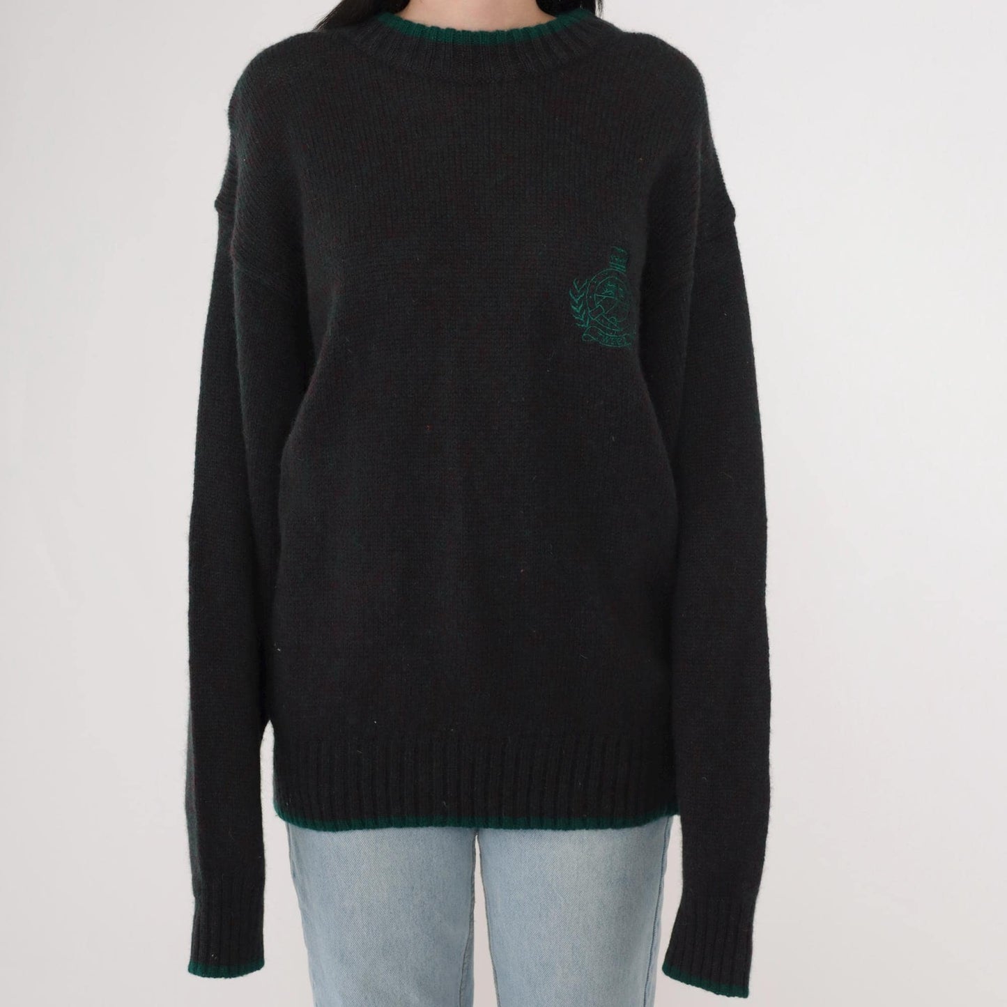 90s Hunting Horn Classics Shetland Wool Sweater Flecked Red Green Crest Medium
