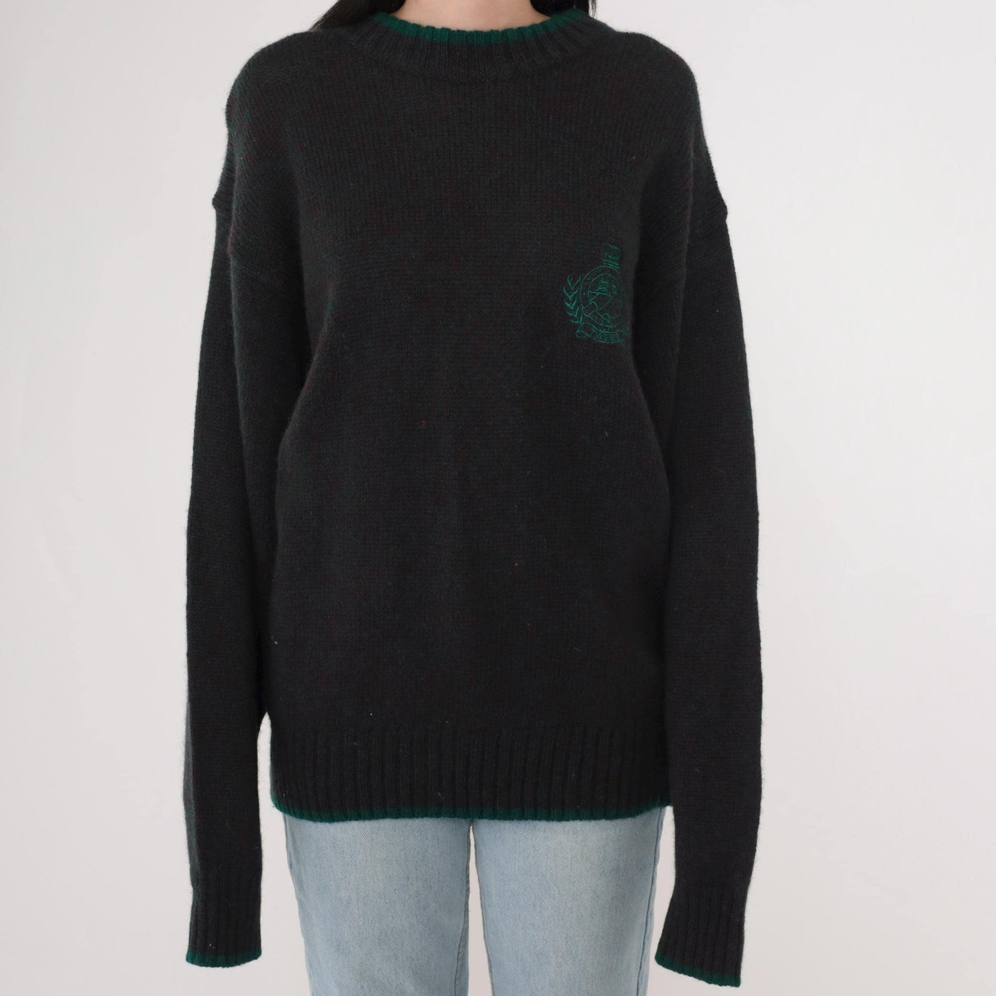 90s Hunting Horn Classics Shetland Wool Sweater Flecked Red Green Crest Medium