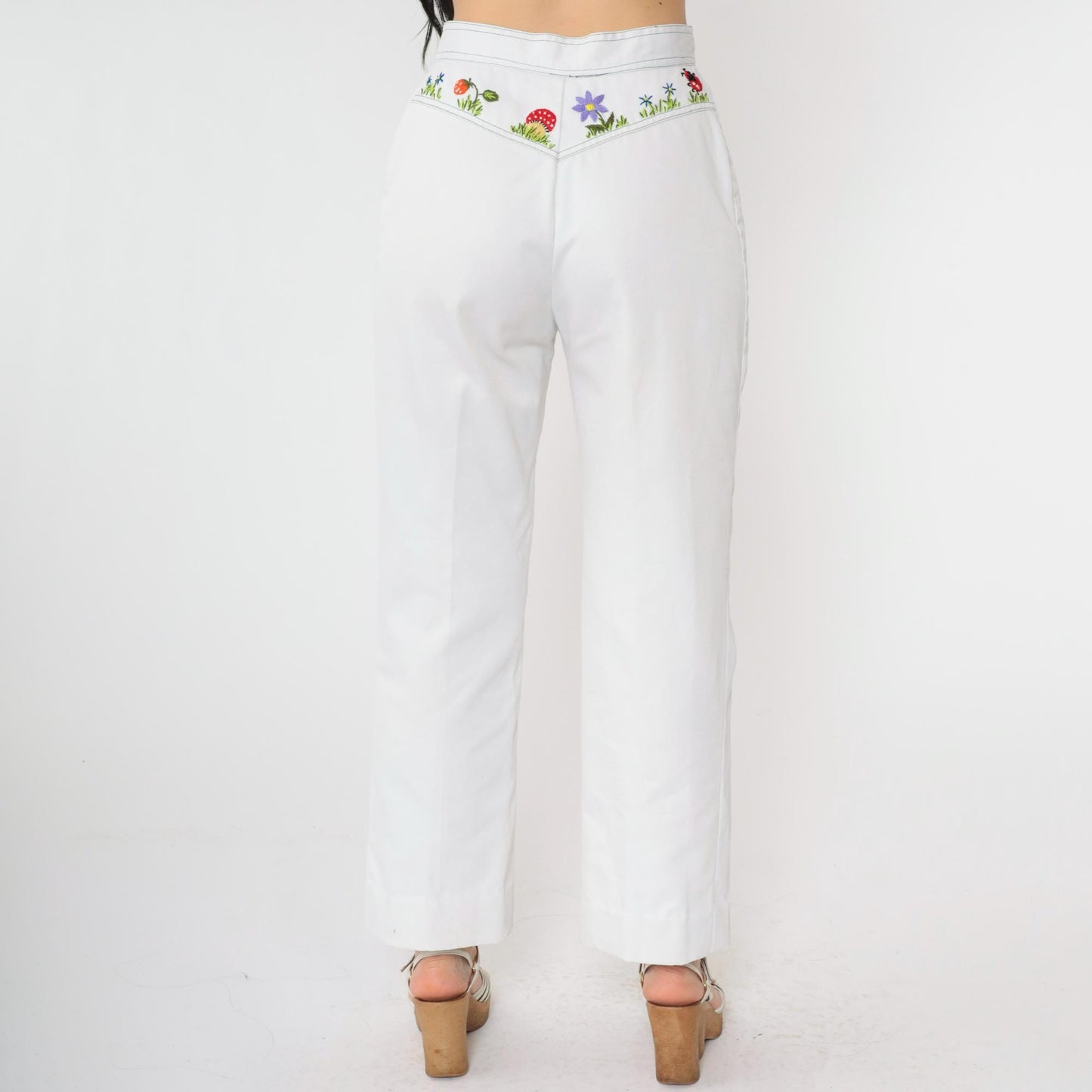 70s Andi Luv Embroidered Mushroom Two Piece Set White Cotton Blouse Pants Small