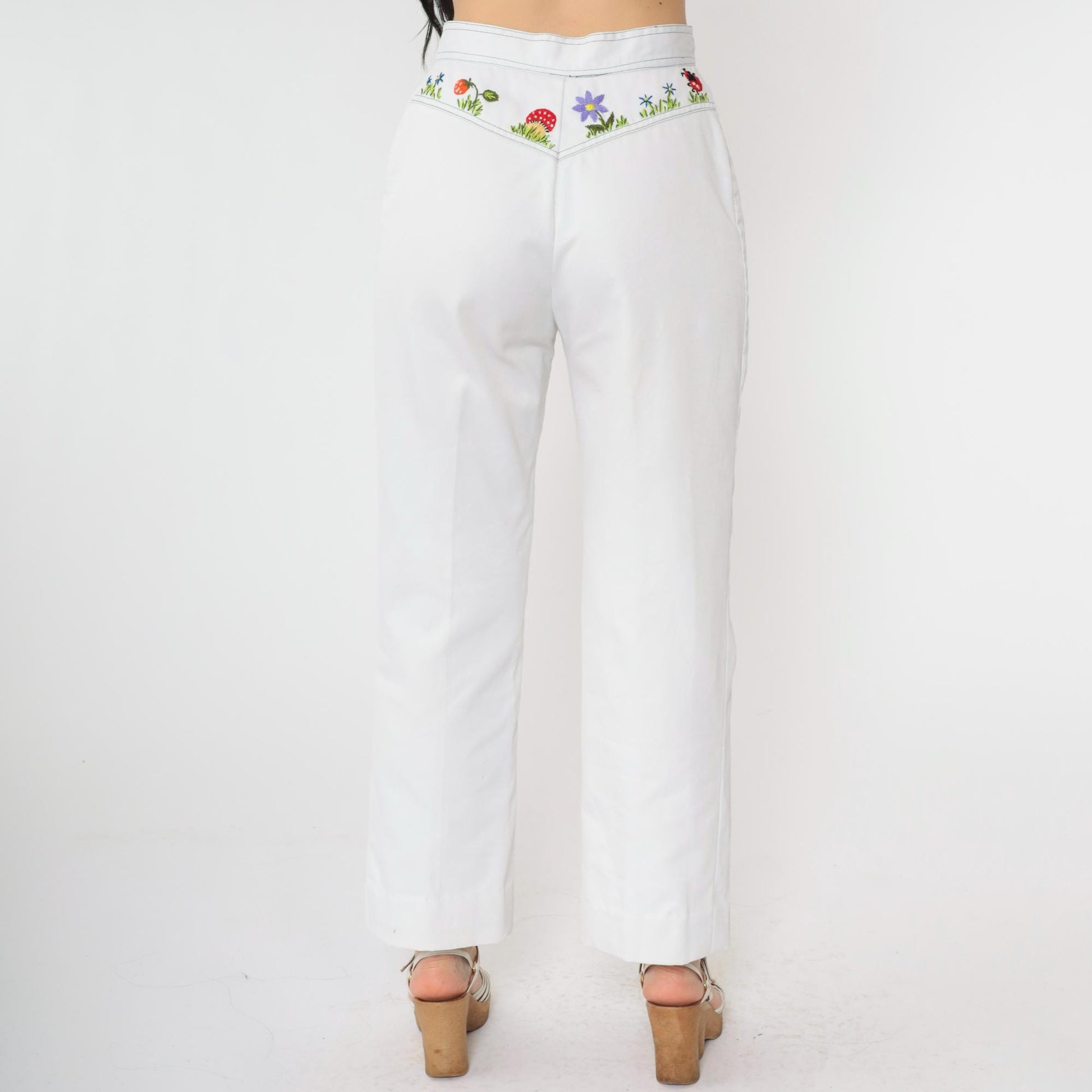 70s Andi Luv Embroidered Mushroom Two Piece Set White Cotton Blouse Pants Small
