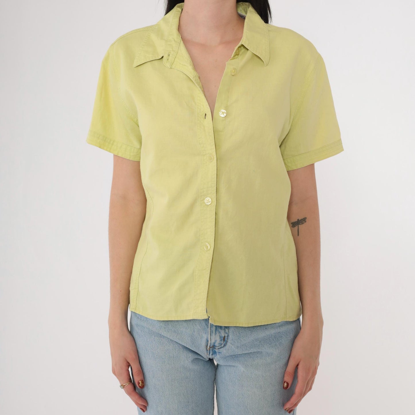 90s Bill Blass Lime Green Linen Blend Button-Up Blouse Short Sleeve Medium