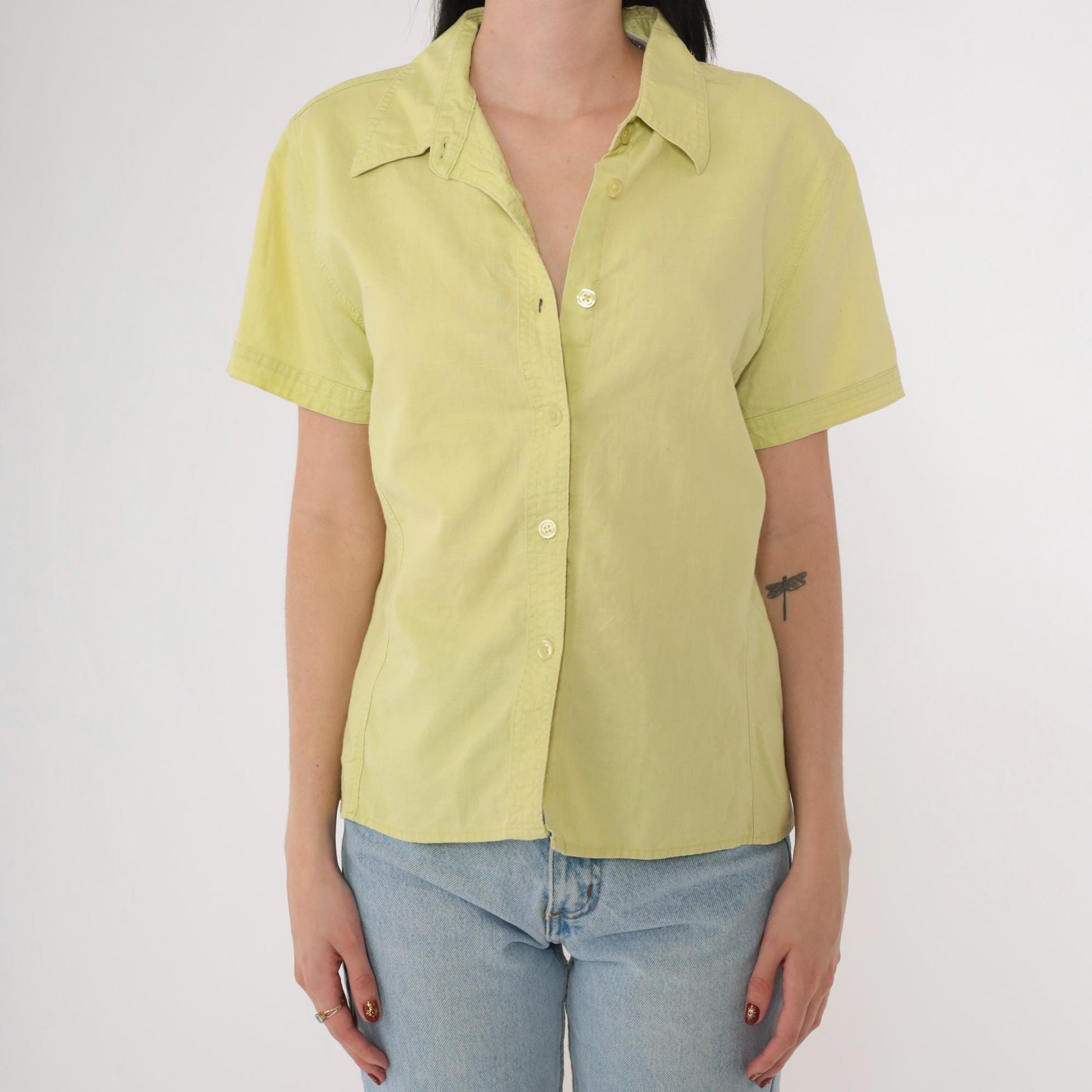 90s Bill Blass Lime Green Linen Blend Button-Up Blouse Short Sleeve Medium