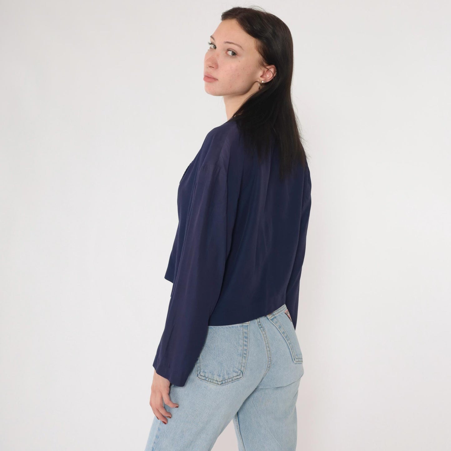 80s Navy Cropped Button-Up Blouse Black Trim Collar Long Sleeve Large