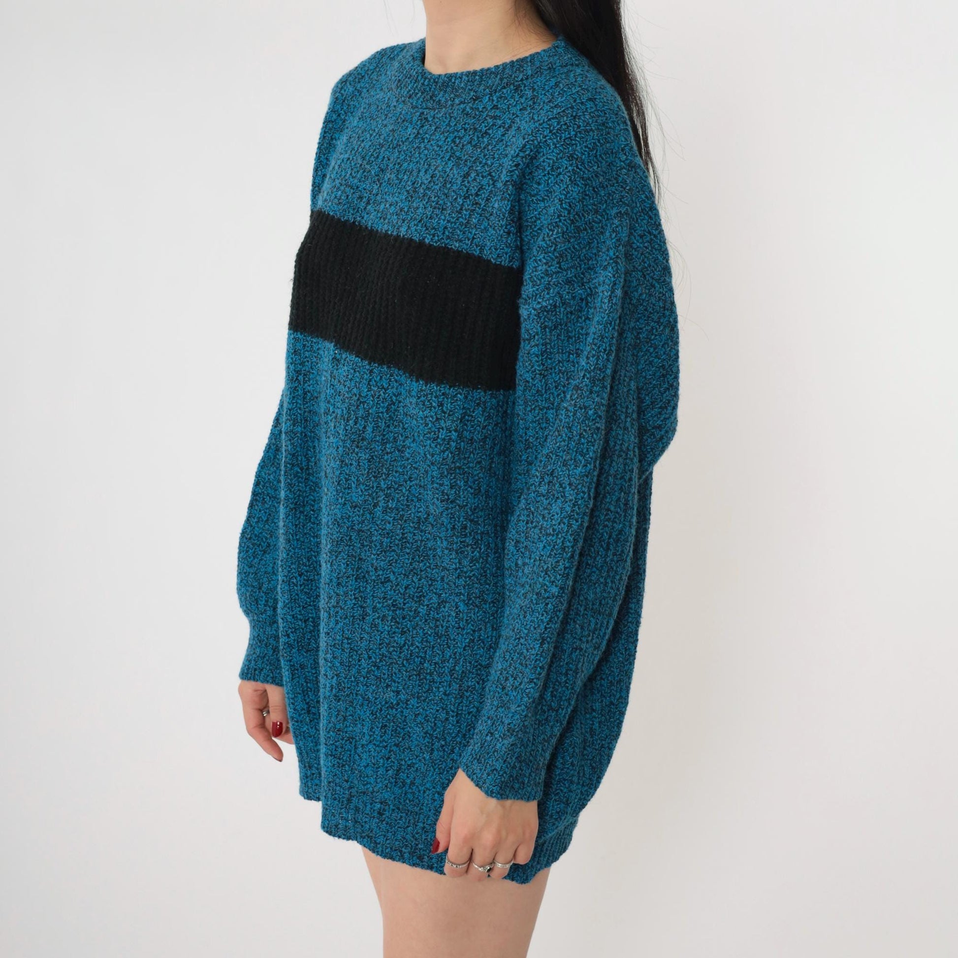 80s Wool Color Block Sweater Blue Black Striped Crewneck Pullover Men's Medium M