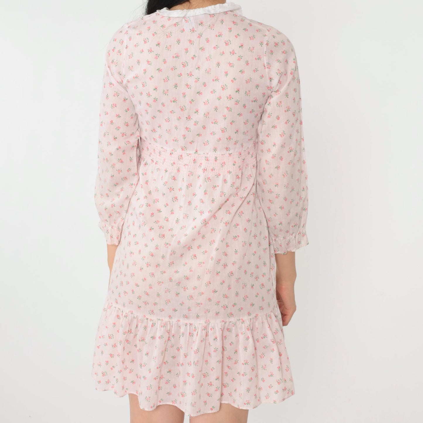 70s Floral Babydoll Dress Baby Pink Empire Waist Mini 3/4 Sleeve Extra Small