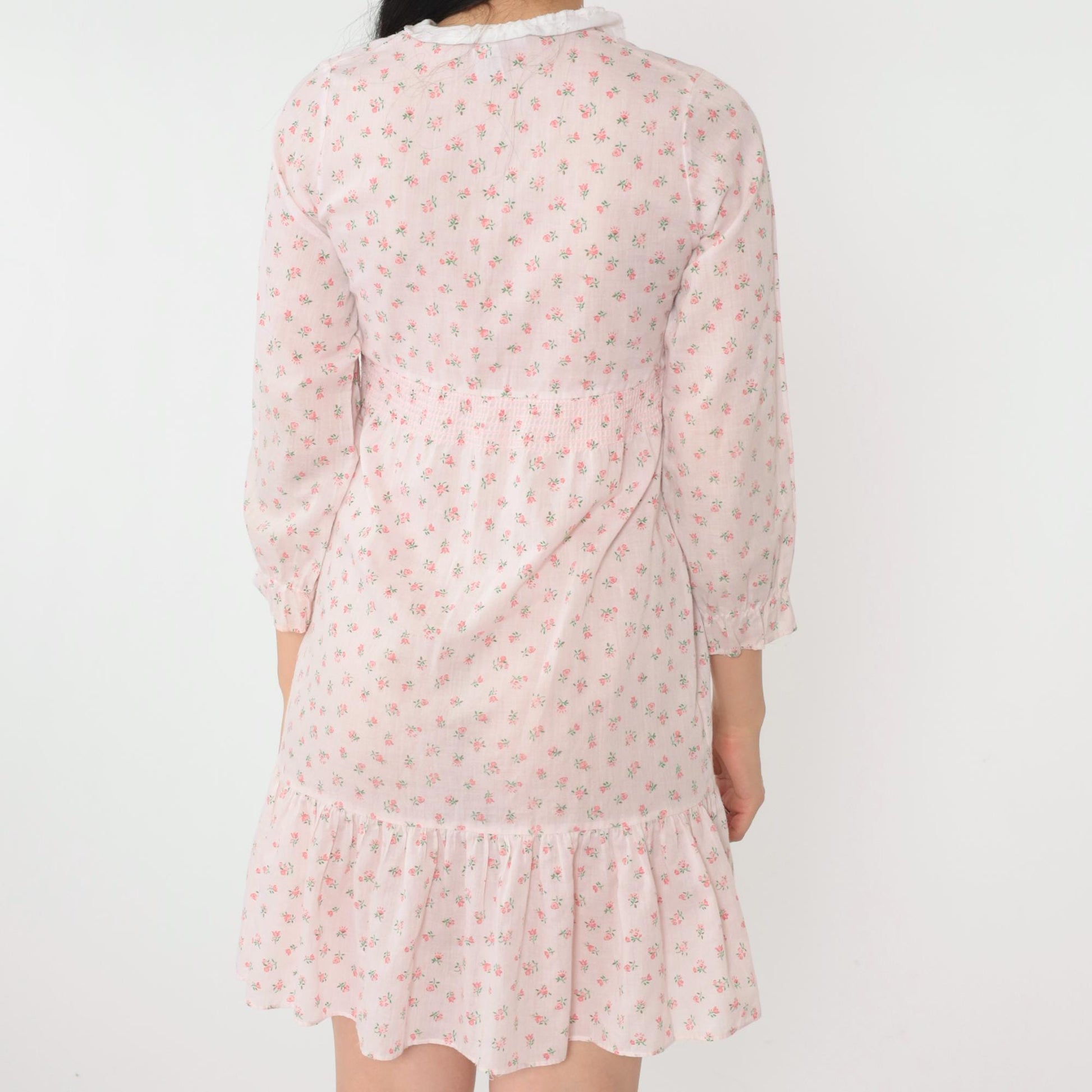 70s Floral Babydoll Dress Baby Pink Empire Waist Mini 3/4 Sleeve Extra Small