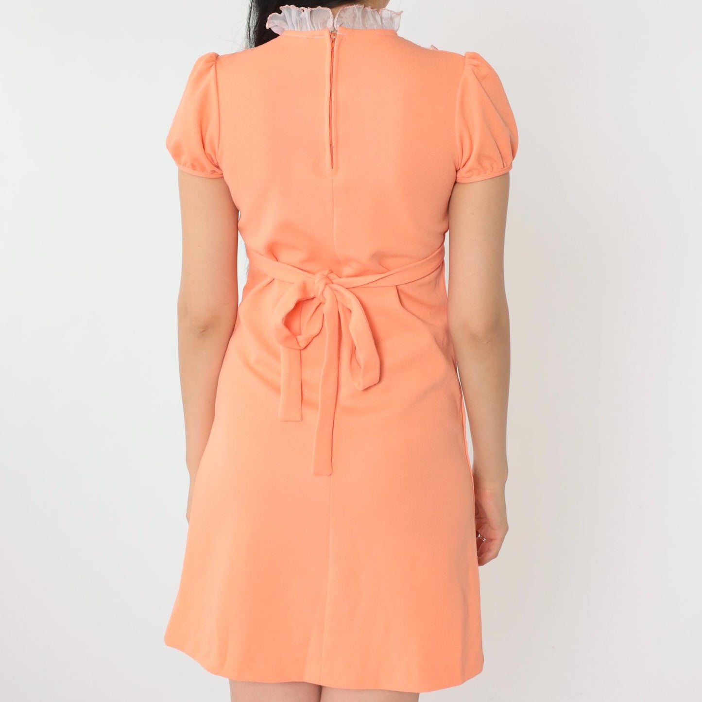 70s Orange Babydoll Mini Dress White Lace Bib Empire Waist Puff Sleeve XXS