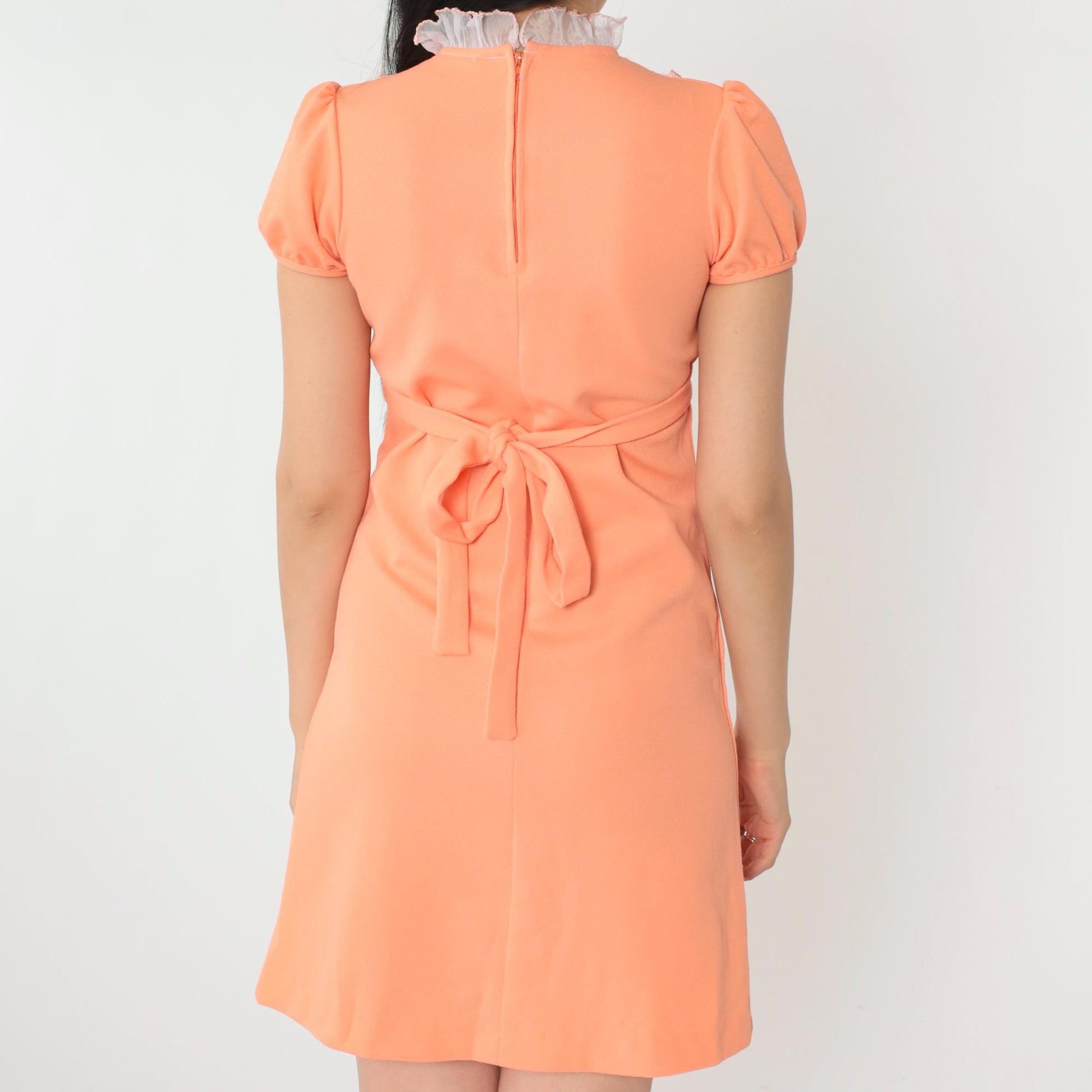 70s Orange Babydoll Mini Dress White Lace Bib Empire Waist Puff Sleeve XXS