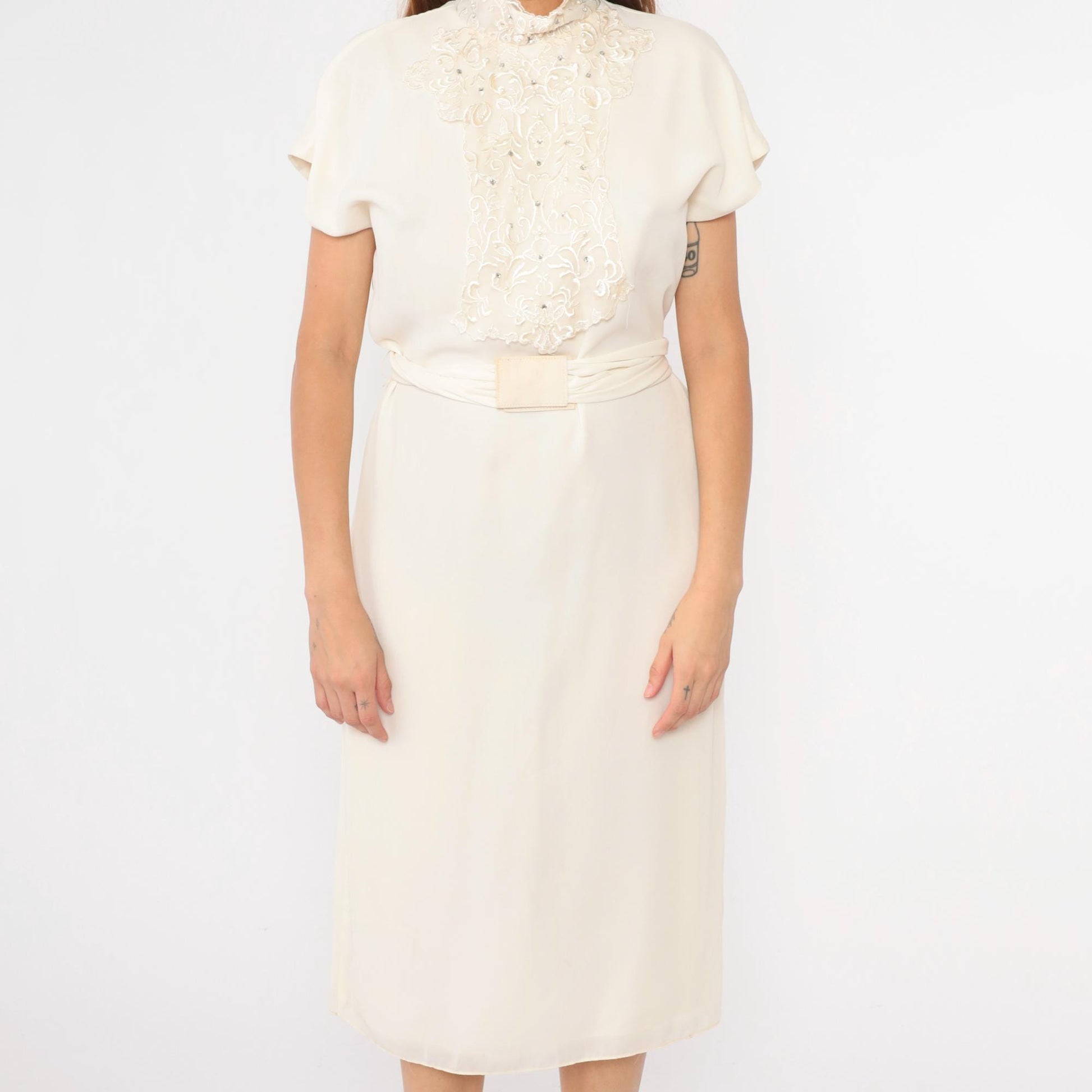 80s Patra Cream Floral Embroidered Beaded Midi Dress Dolman Sleeve Small