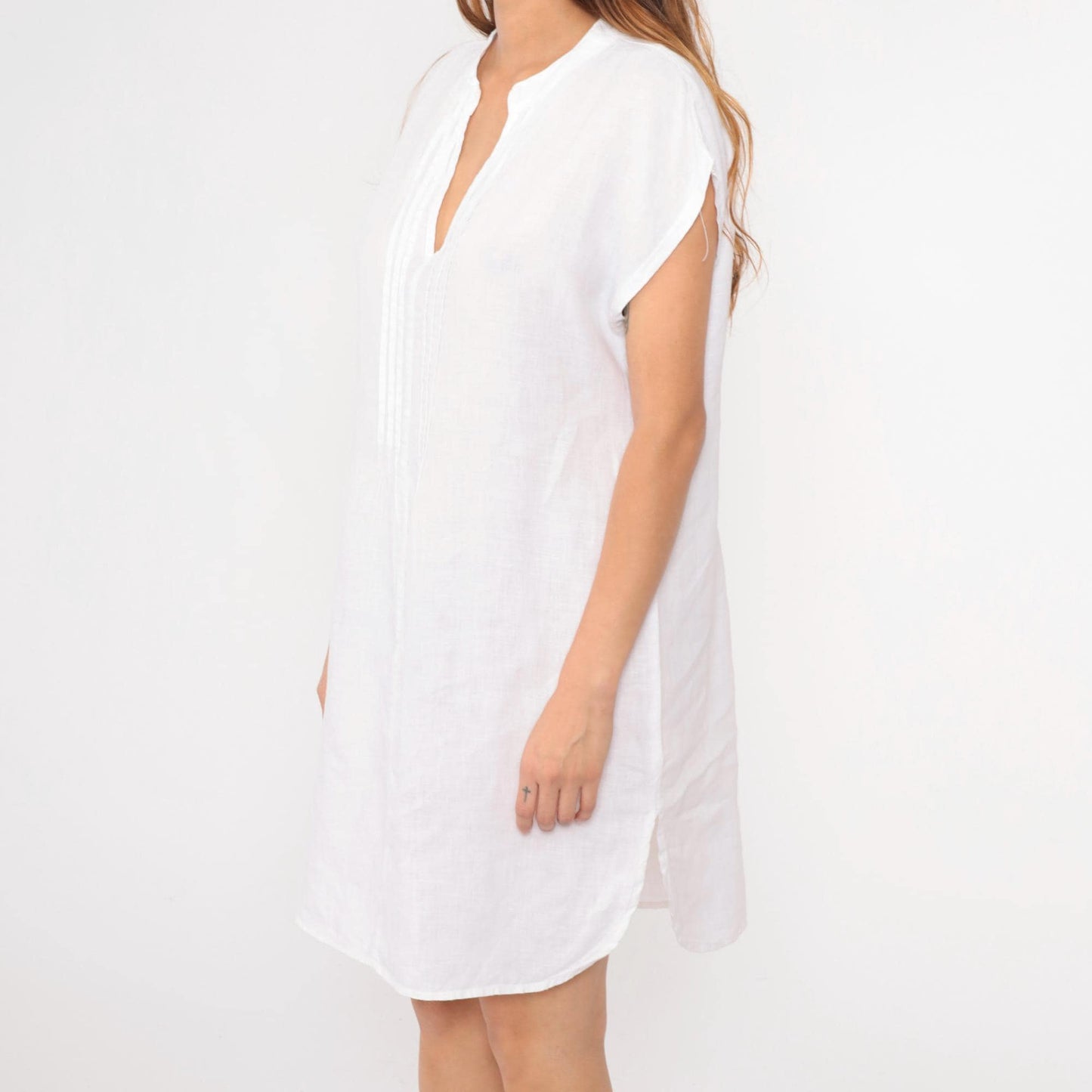 Y2K White Linen Midi Dress Pintuck Pleated Cap Sleeve Shift Large L