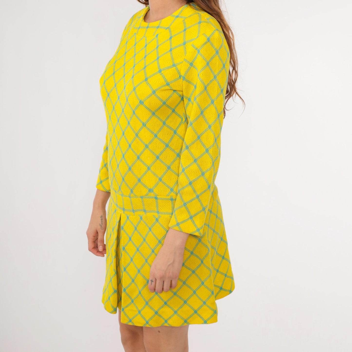 60s Yellow Checkered Drop Waist Mini Dress Long Sleeve Pleated Scooter Small