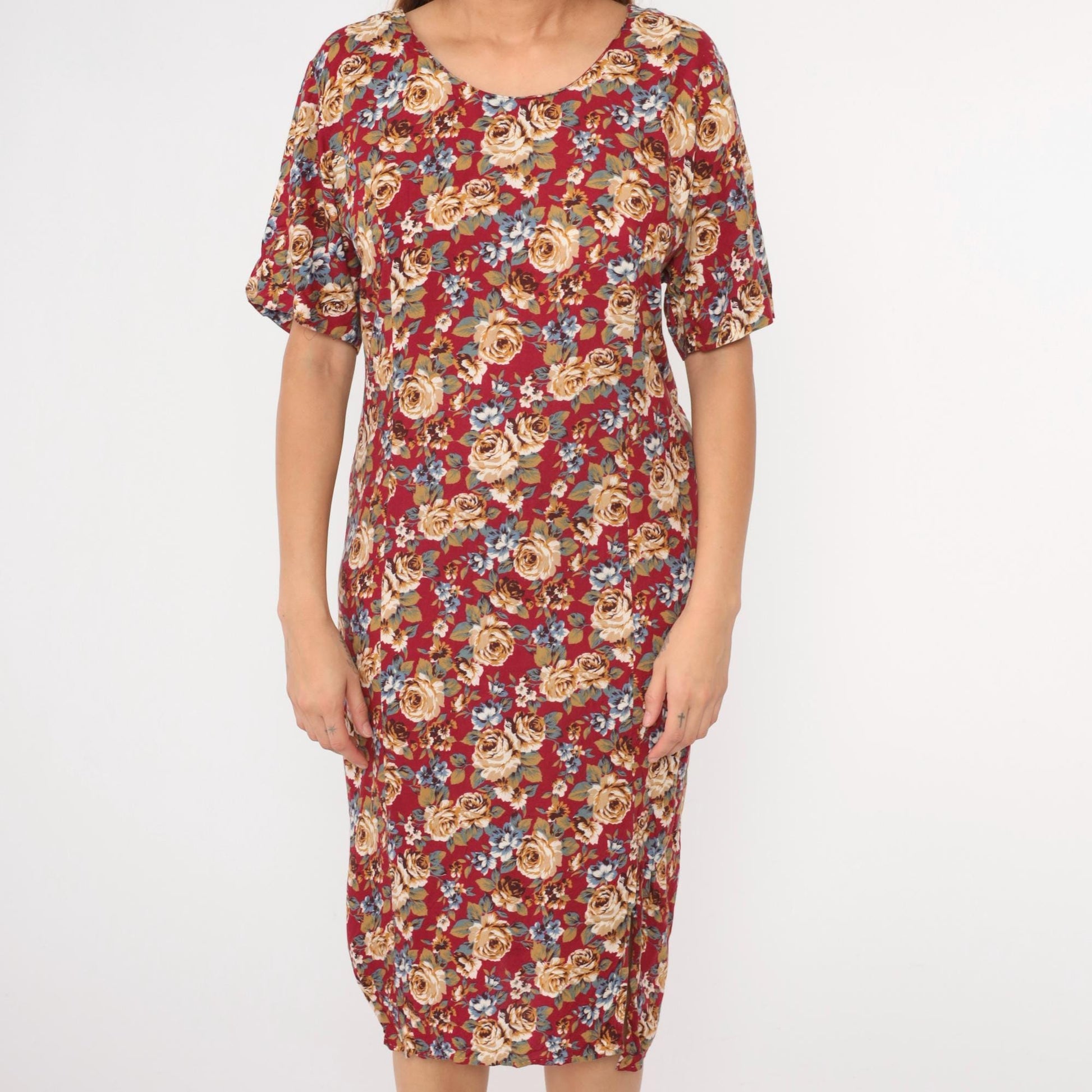 90s Red Floral Midi Dress Side Slit Sheath Princess Seam Medium Large