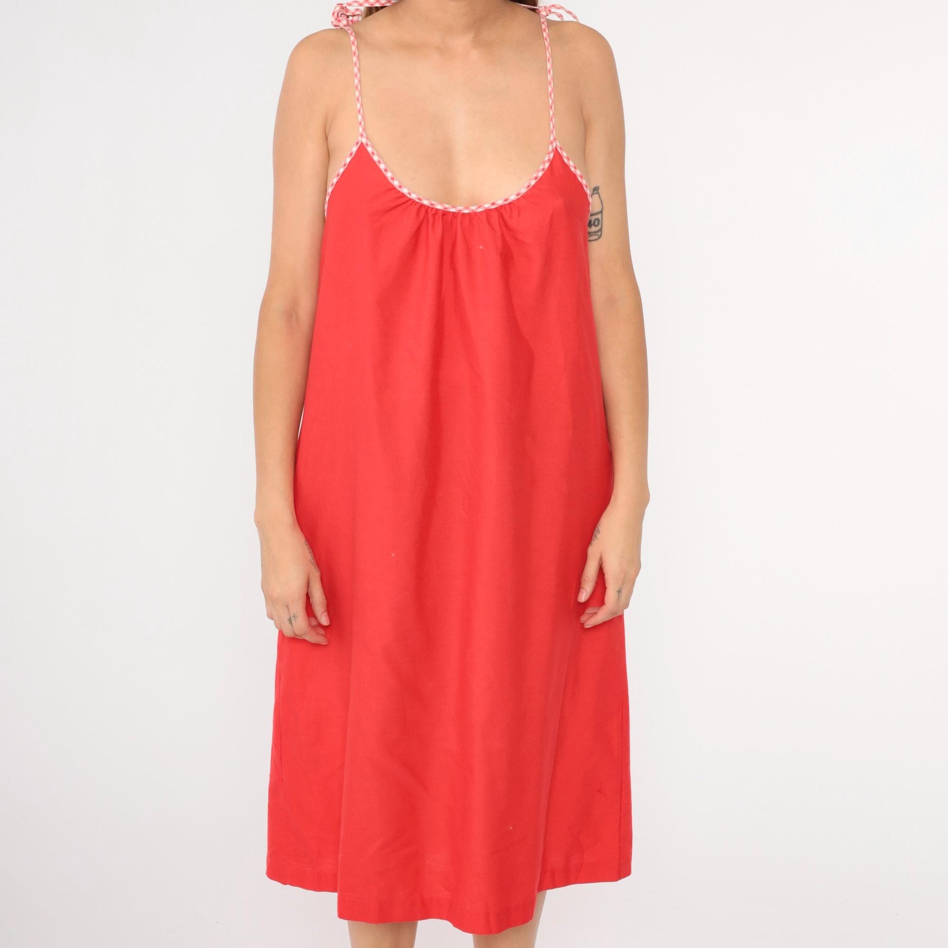 70s Red Spaghetti Strap Midi Tent Dress Checkered Trim Medium M