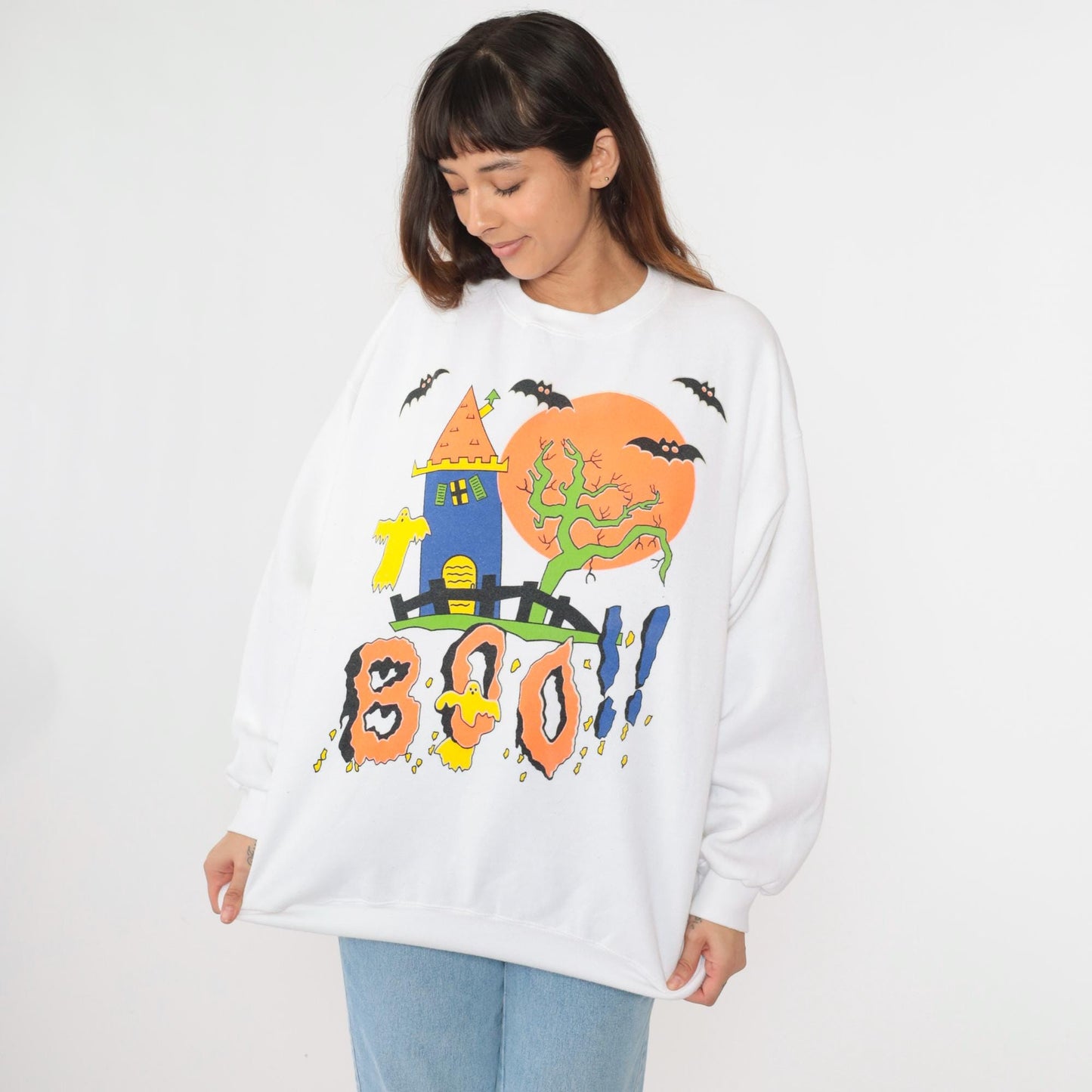 90s Tultex Halloween Sweatshirt Haunted House Boo Ghosts White Extra Large XXL