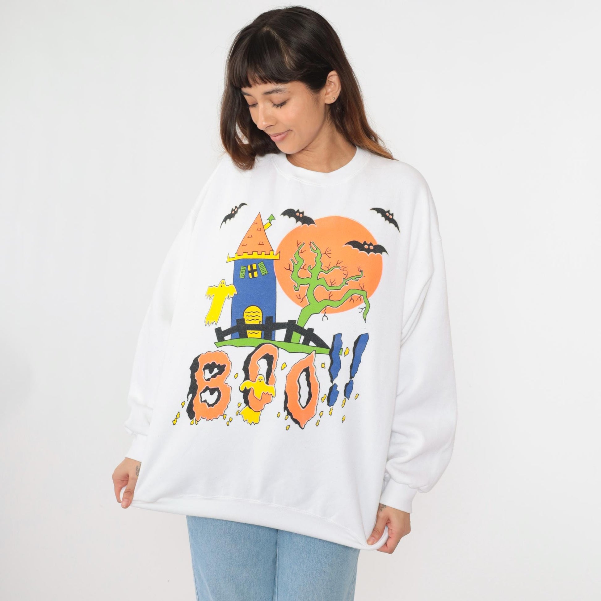 90s Tultex Halloween Sweatshirt Haunted House Boo Ghosts White Extra Large XXL