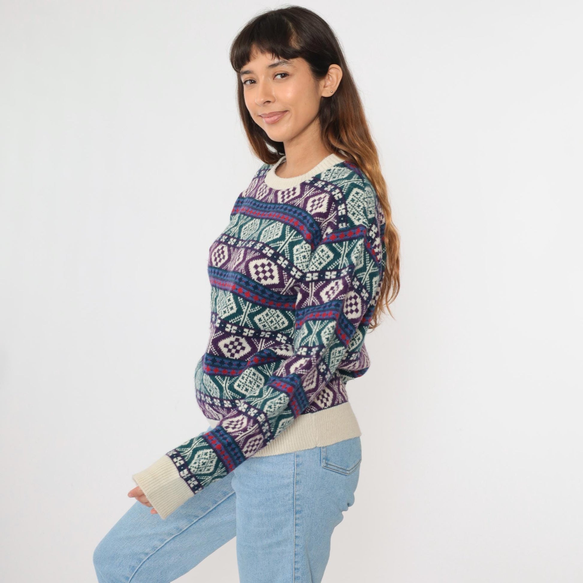 80s Nordic Geometric Fair Isle Sweater Green Purple Knit Pullover Large L