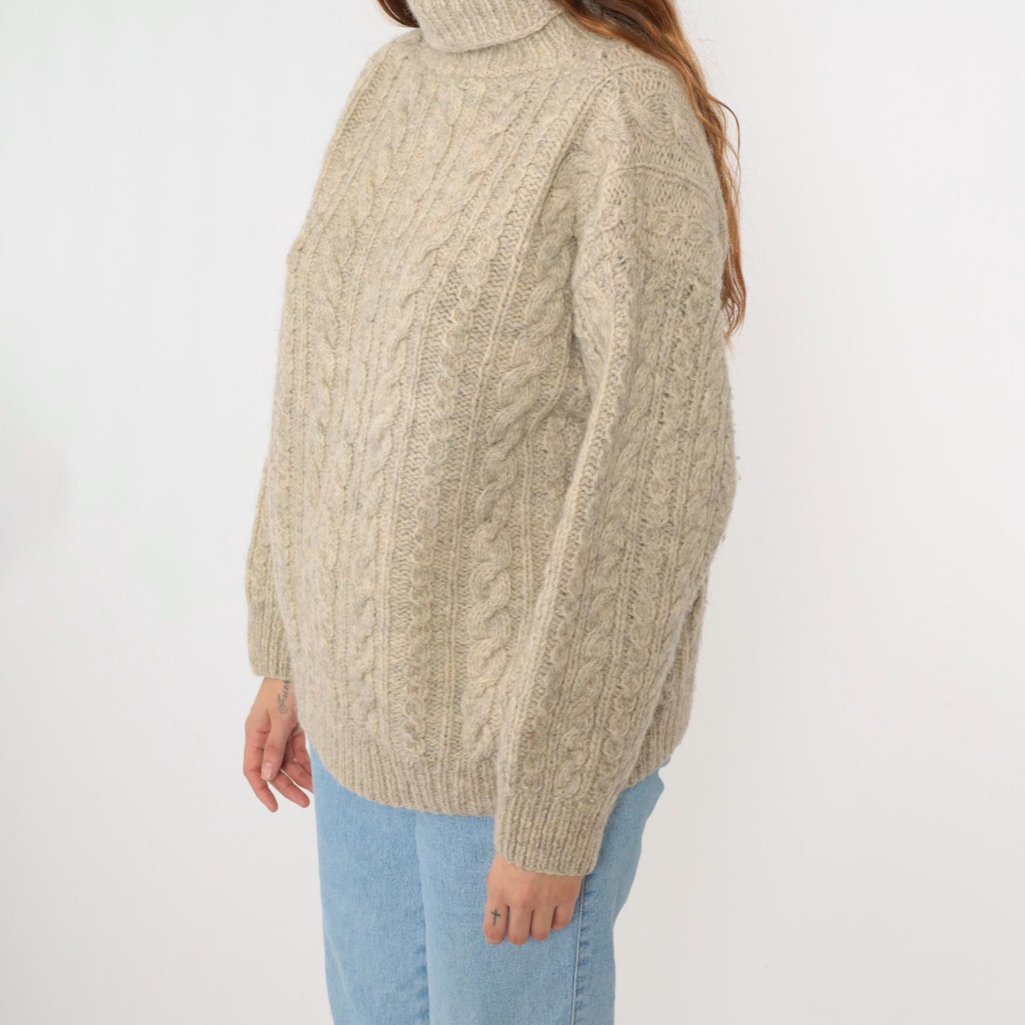 80s Beige Cable Knit Turtleneck Sweater Flecked Pullover Large