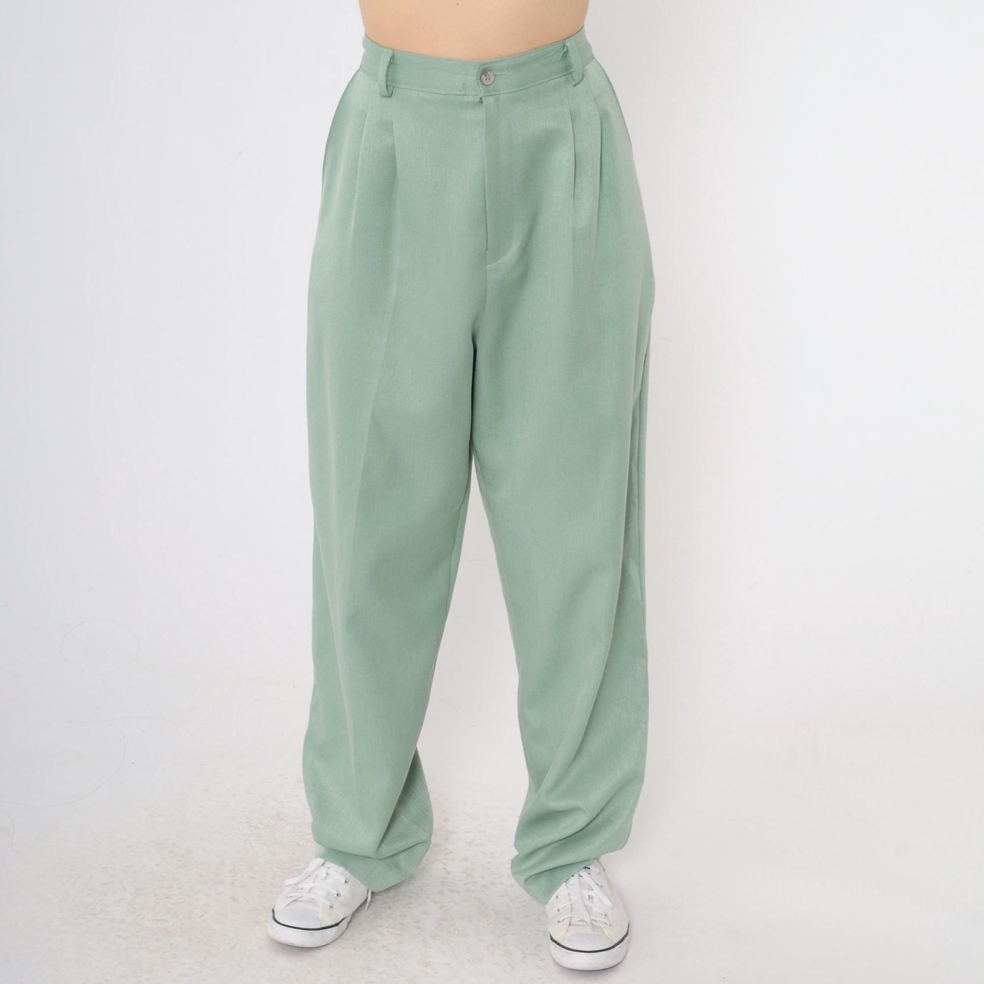 90s Light Green Pleated High-Waist Tapered Trousers Medium