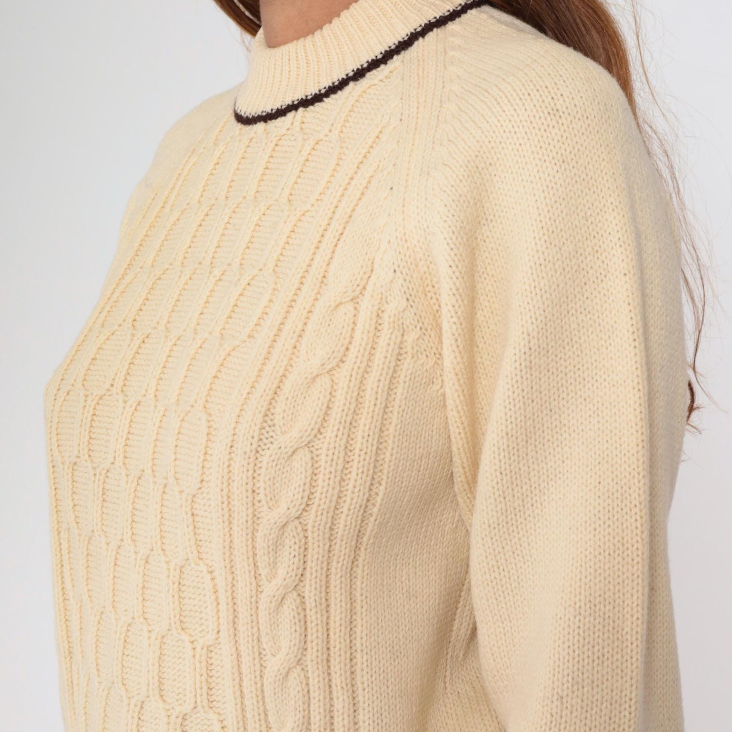 60s Cable Knit Sweater Cream Pullover Raglan Honeycomb Texture Small