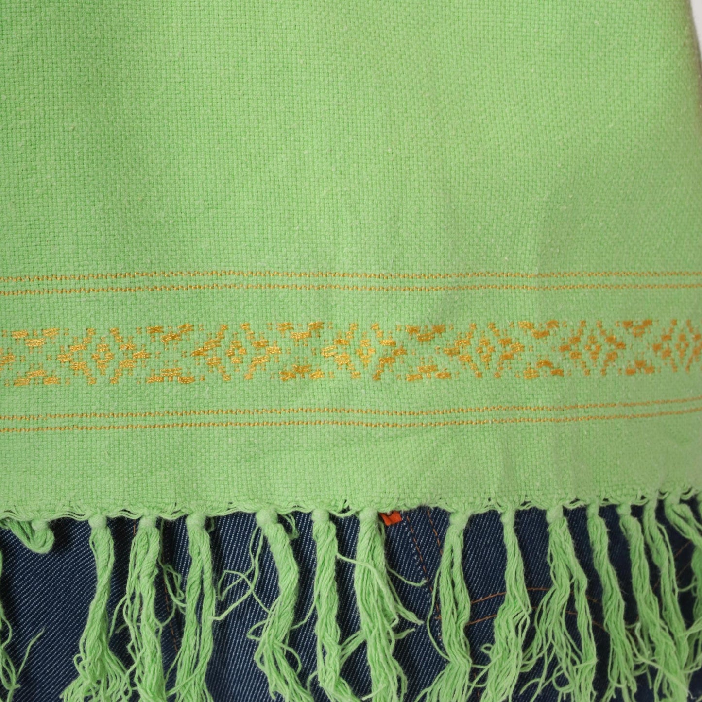 80s Lime Green Embroidered Mexican Tunic Top Geometric Cutwork Cap Sleeve Medium
