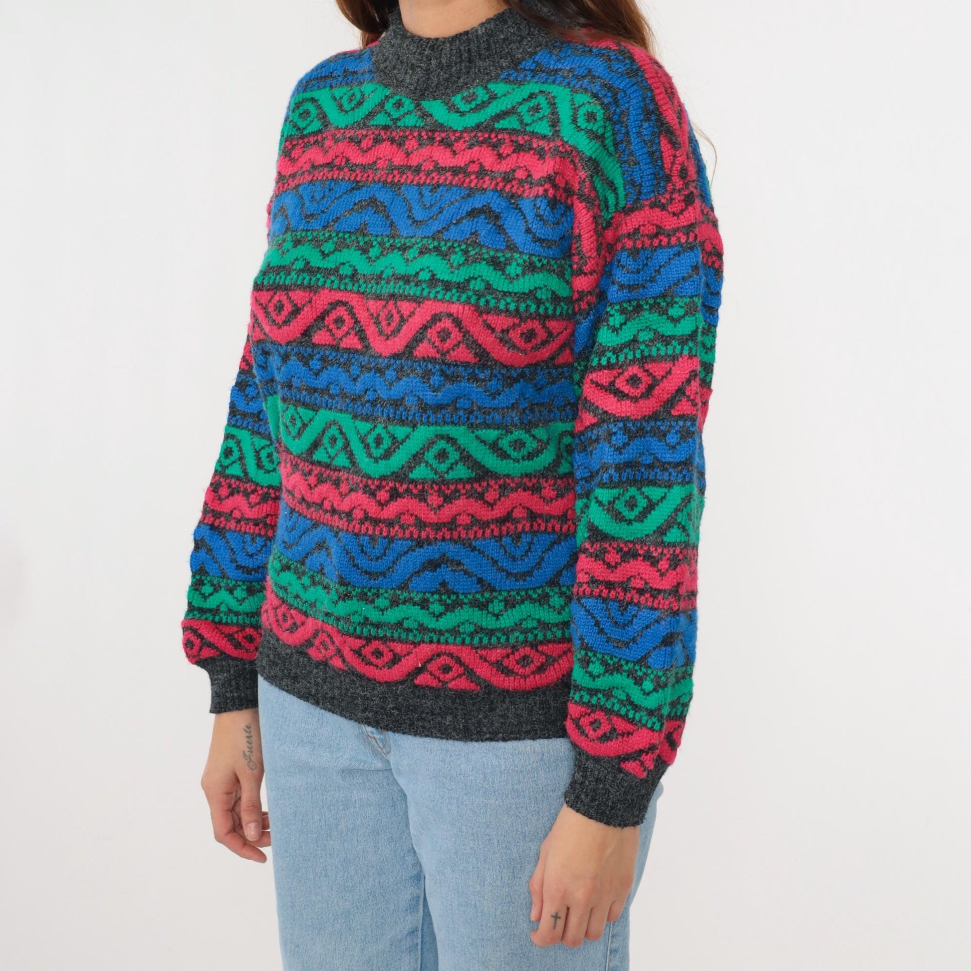 80s Nan Dorsey Geometric Striped Mock Neck Sweater Blue Green Red Medium