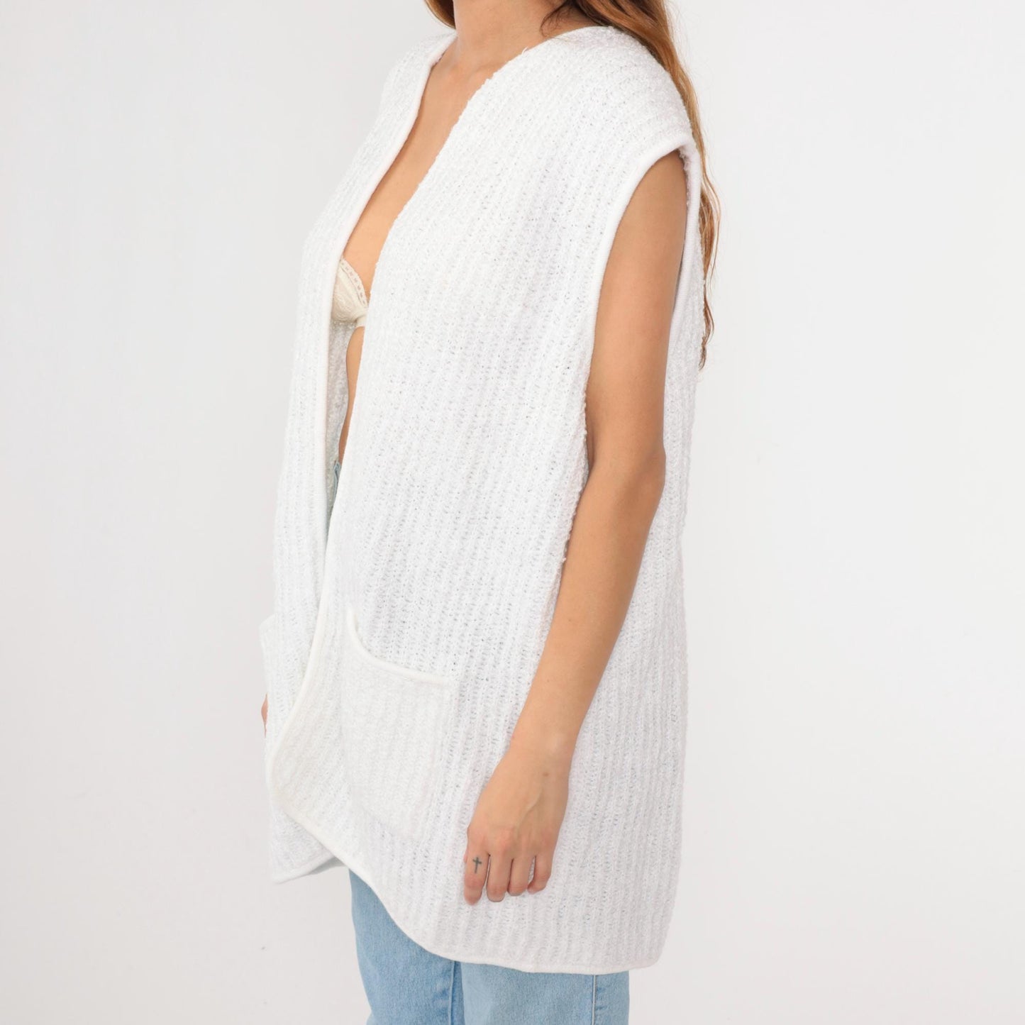 80s Sideffects Plus White Knit Vest Open Front Pockets Sleeveless Extra Extra Large XXL