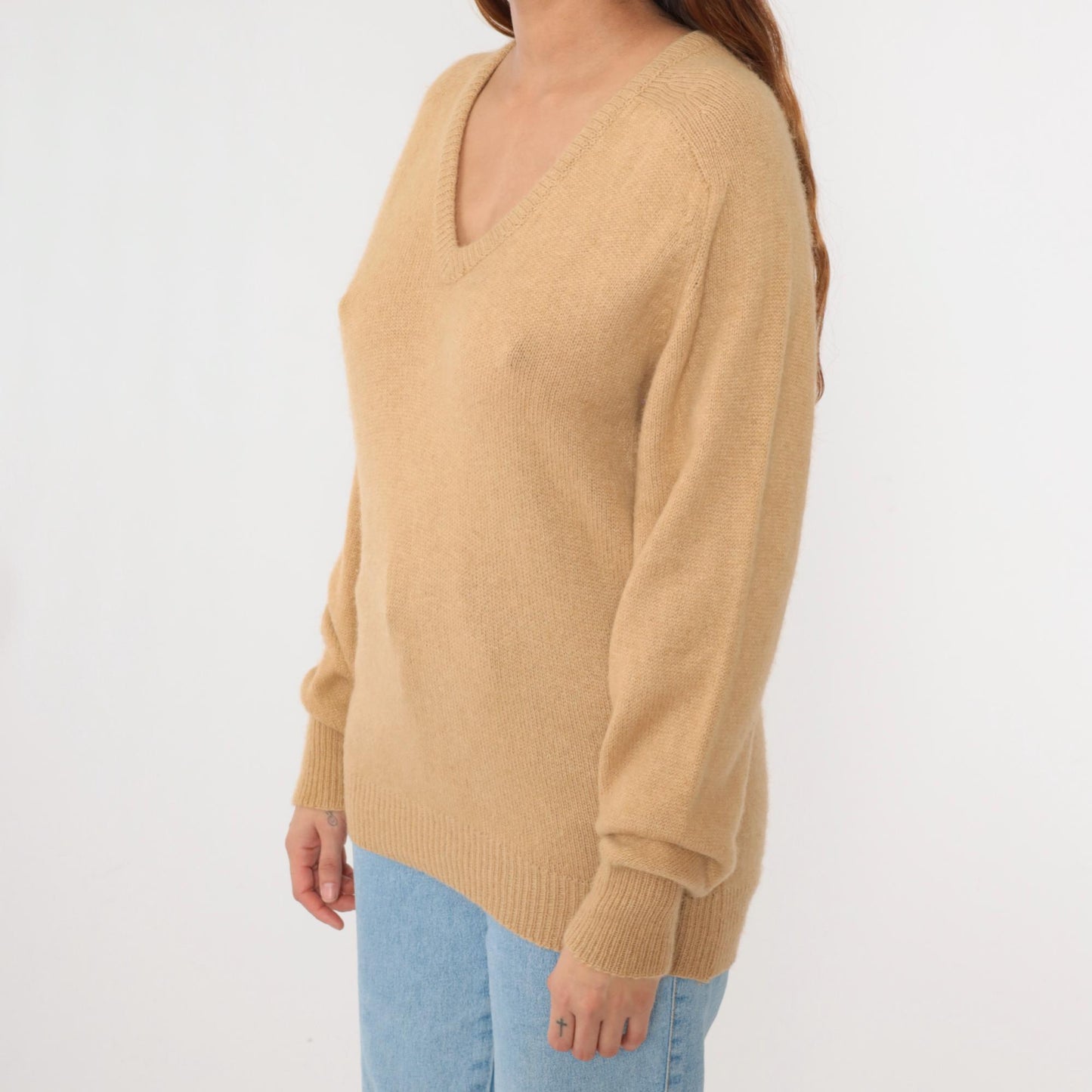 80s Tan V-Neck Knit Sweater Slouchy Pullover Small