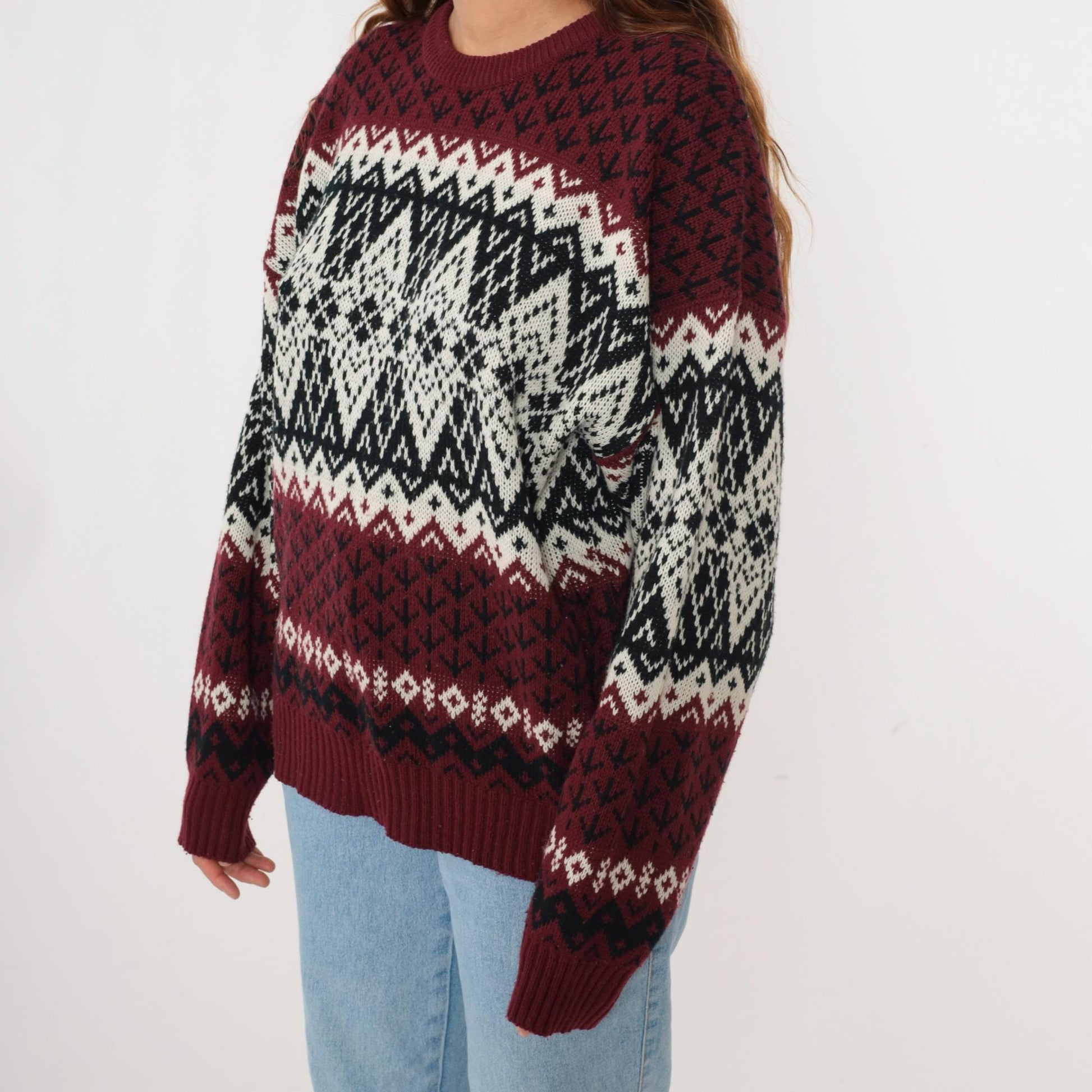 90s Fair Isle Sweater Maroon Black White Geometric Knit Pullover Extra Large