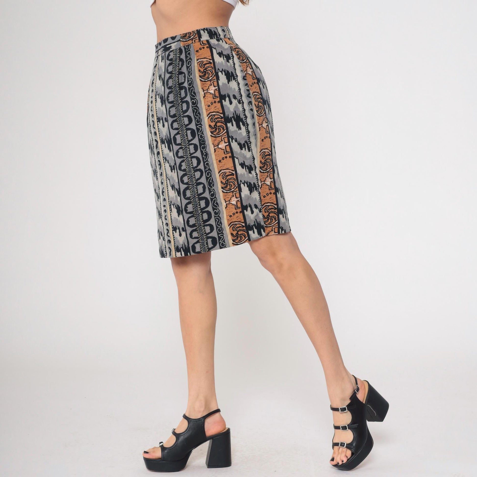 90s Geometric Striped Mini Skirt High Waisted Pencil Grey Black Tan Medium