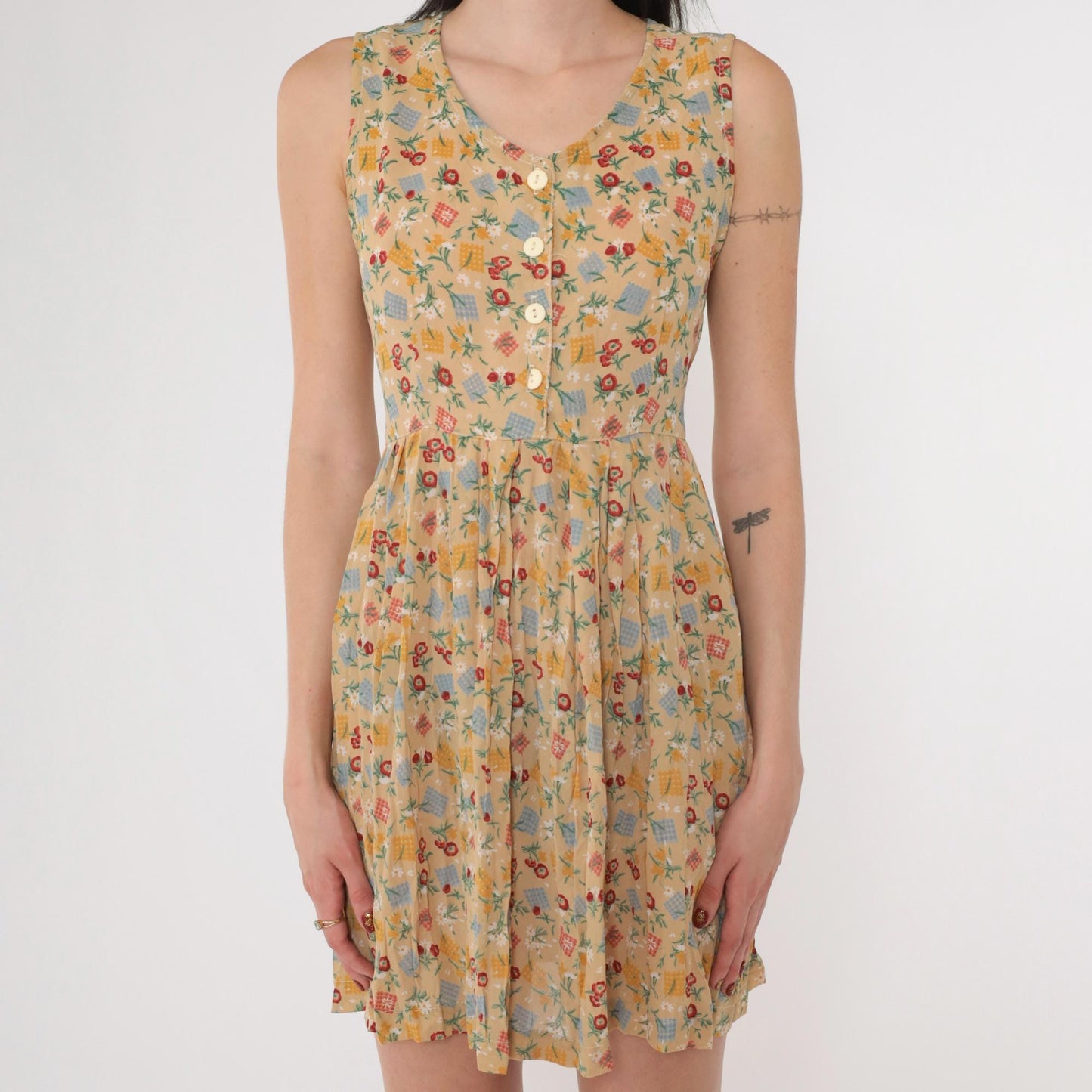 90s Floral Checkered Patchwork Mini Dress Tan Sleeveless Collared A-Line Small