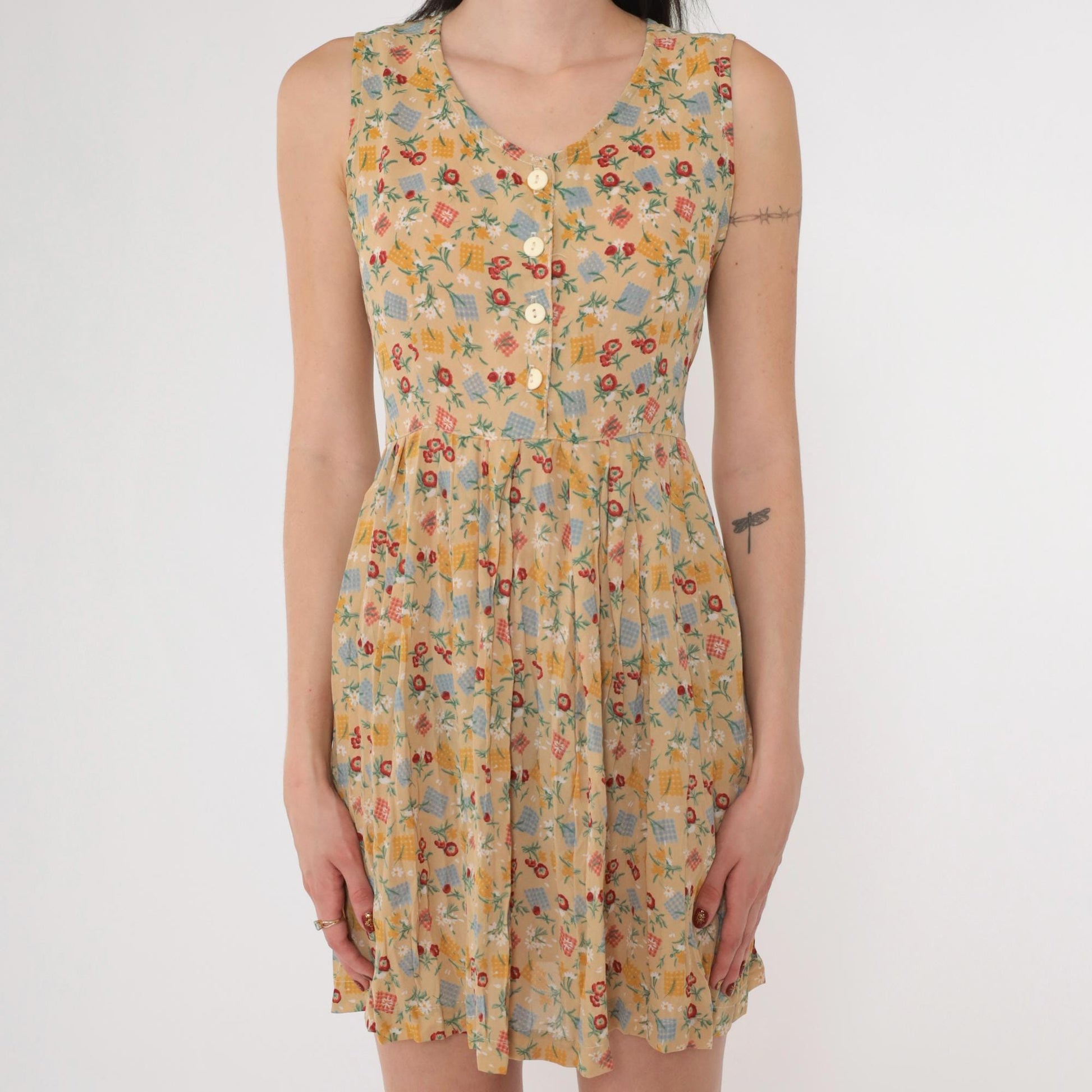 90s Floral Checkered Patchwork Mini Dress Tan Sleeveless Collared A-Line Small