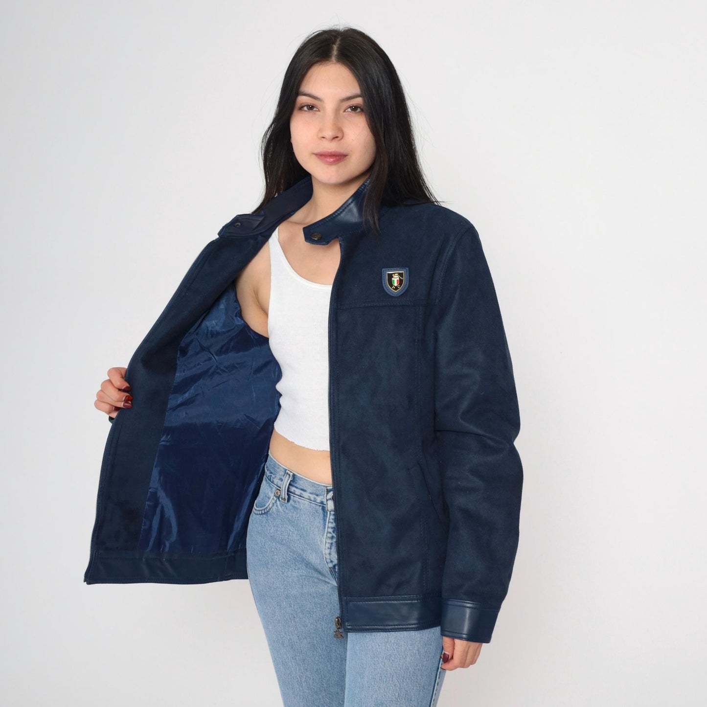 90s Collezioni Italia Faux Suede Jacket Navy Crest Logo Zip Moto Small