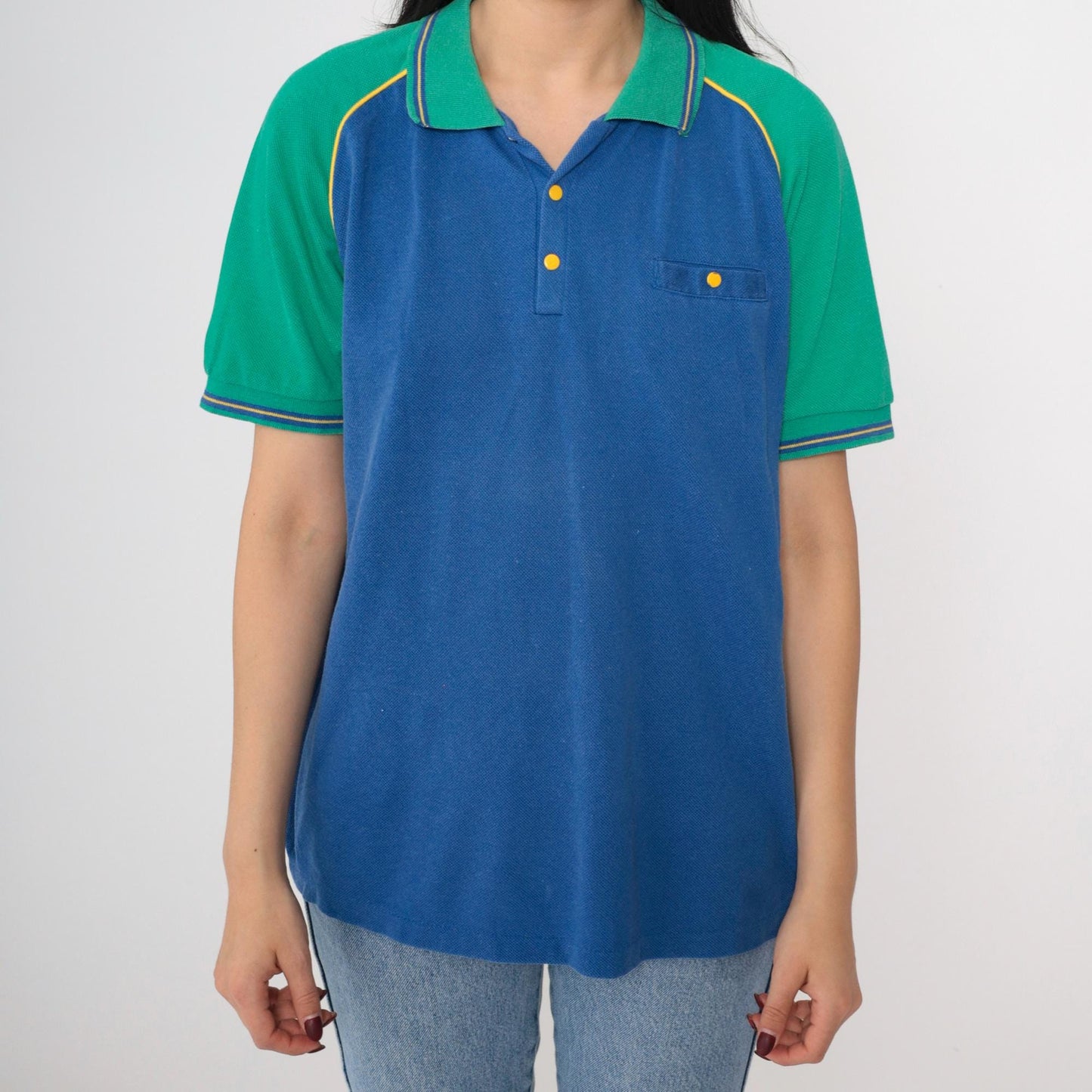 80s Bugle Boy Polo Shirt Colorblock Blue Green Raglan Medium