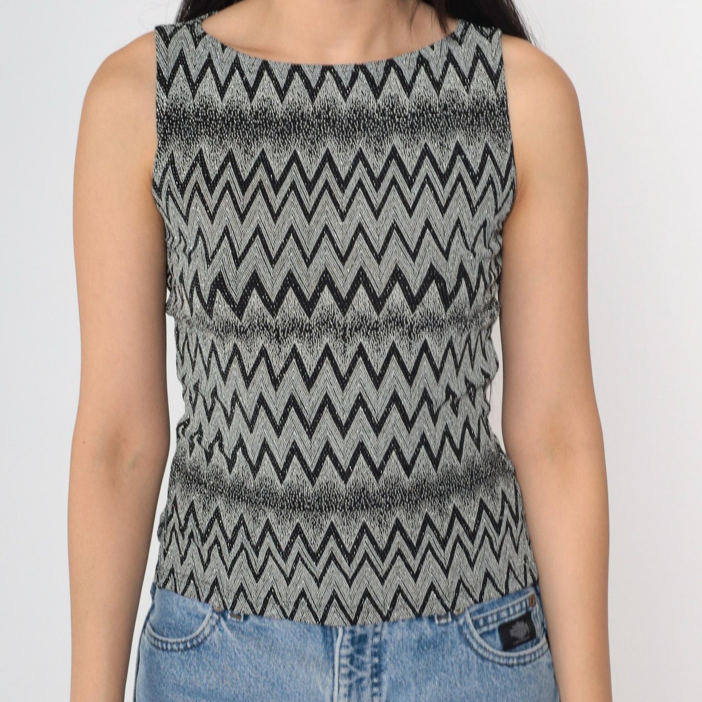 90s A. Byer Black White Chevron Metallic Tank Top Small
