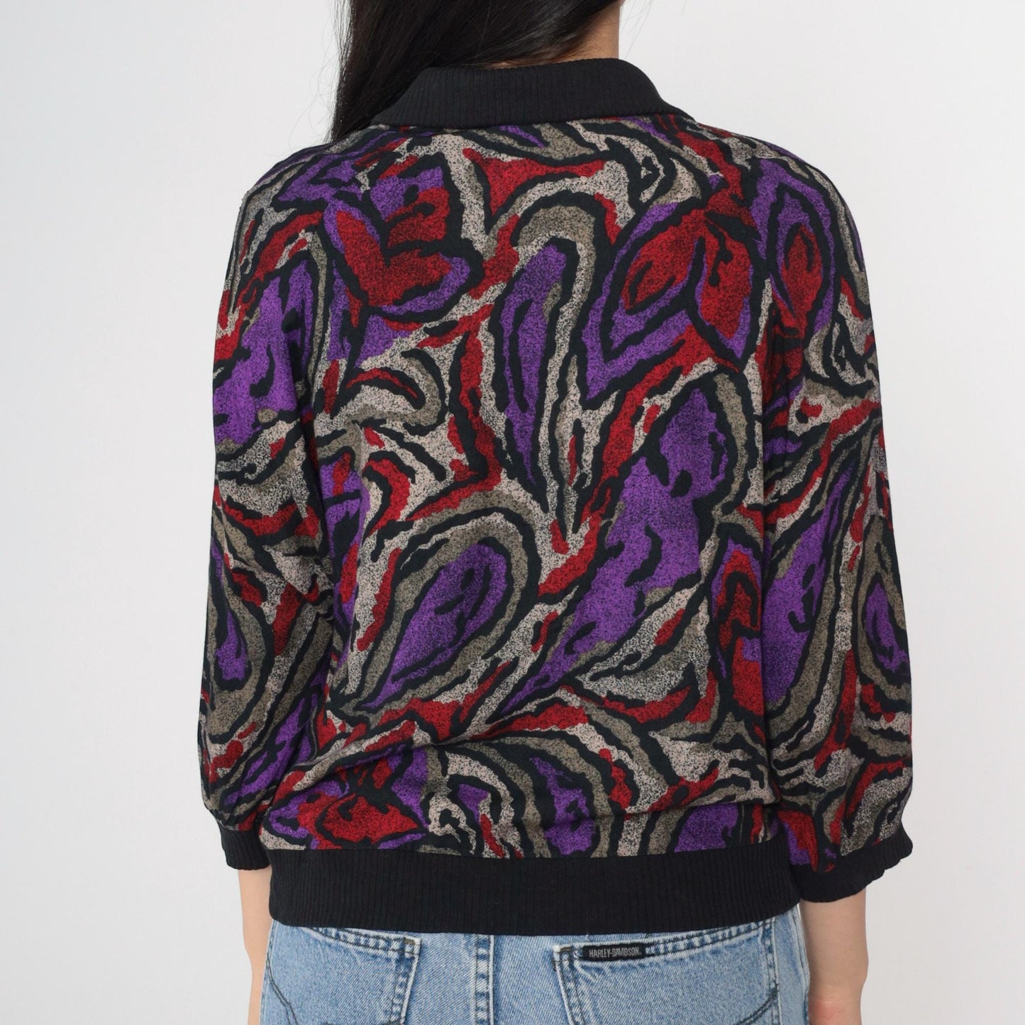 90s Abstract Floral Rayon Button Up Blouse Black 3/4 Sleeve Small S
