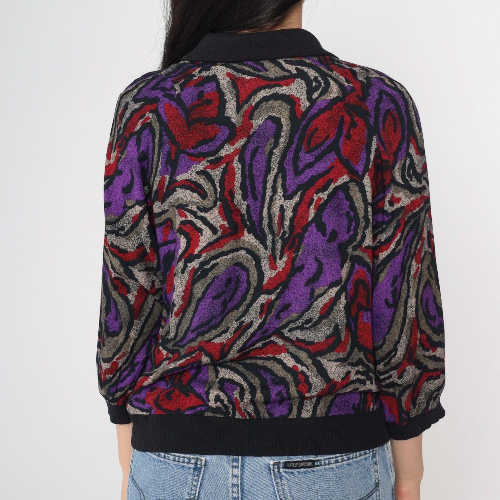 90s Abstract Floral Rayon Button Up Blouse Black 3/4 Sleeve Small S