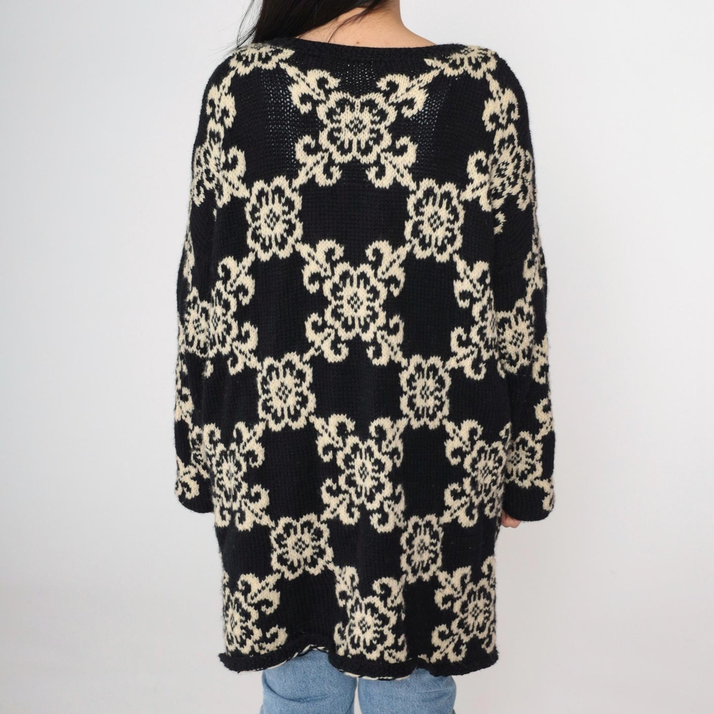 80s Floral Cardigan Longline Button-Up Knit Sweater Cream Black Extra Large