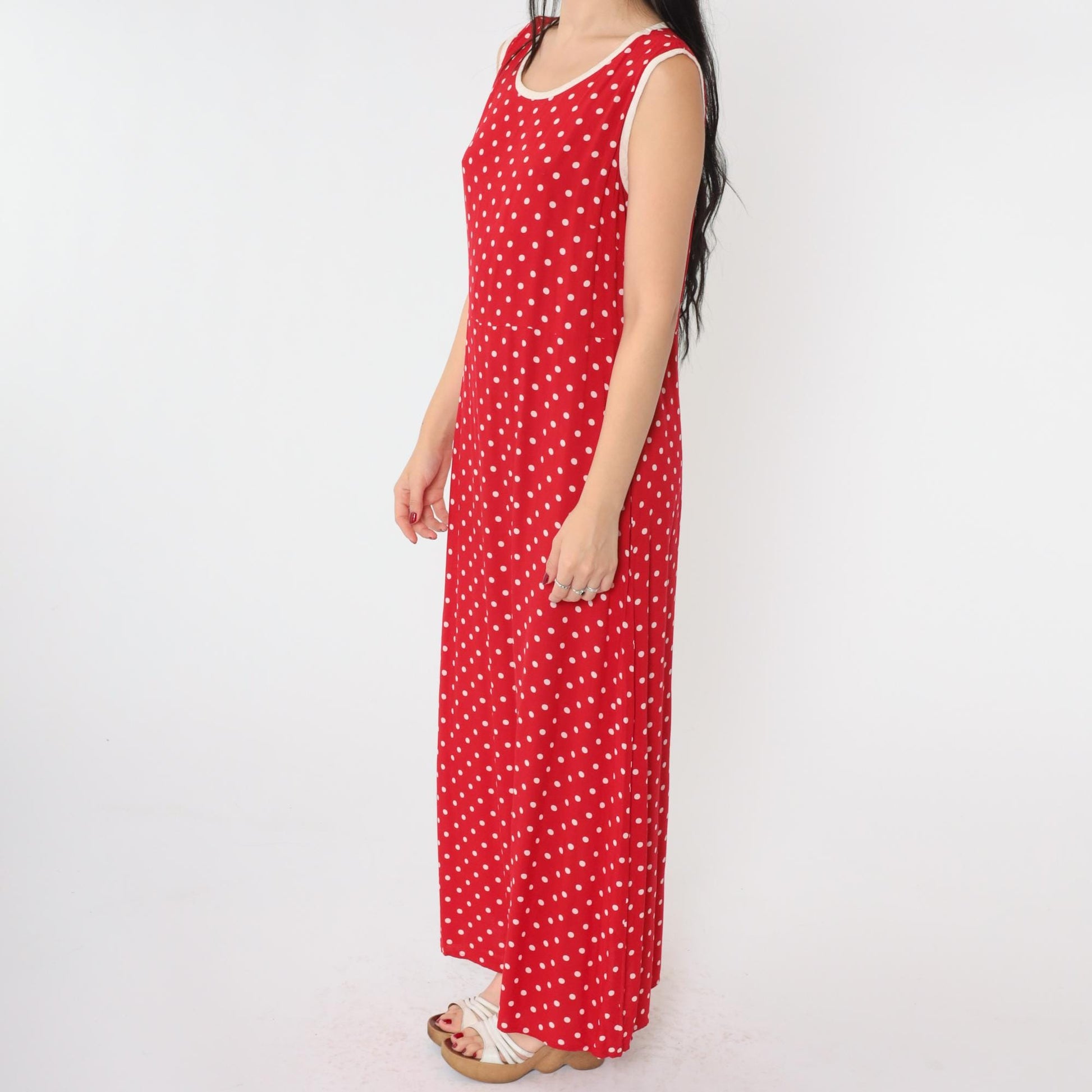90s Red Polka Dot Maxi Dress Sleeveless High Waist Scoop Neck Medium