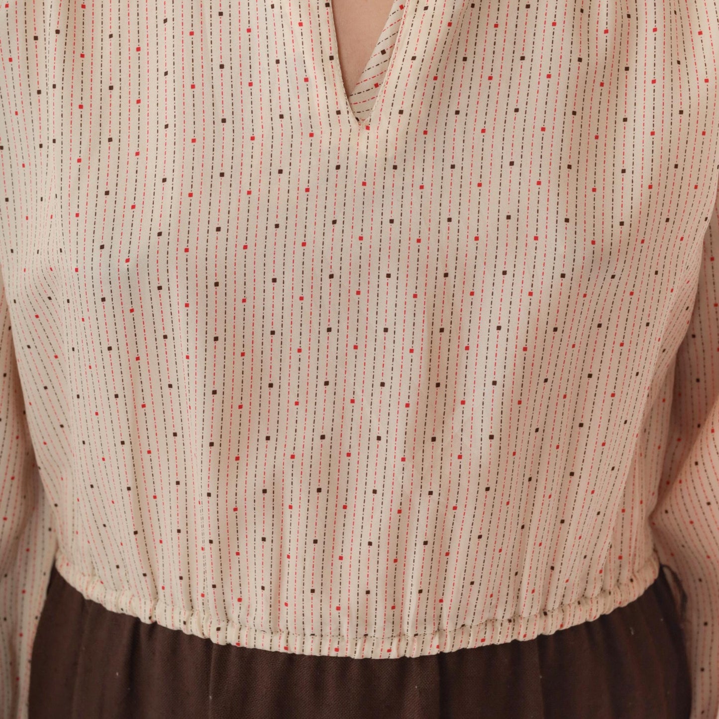 70s Beige Brown Dot Print Midi Dress High Elastic Waist V Neck Small