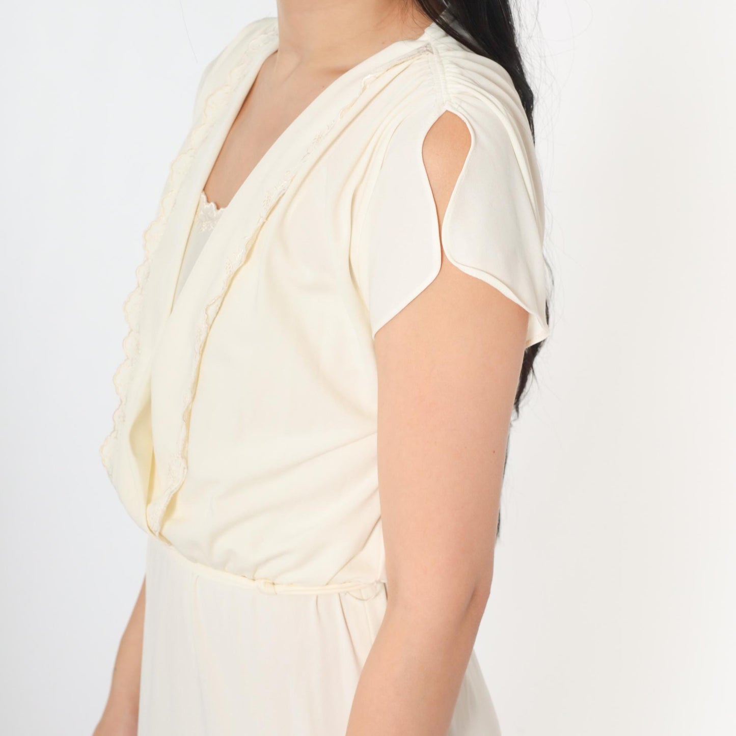 70s Cream Maxi Dress Embroidered Floral Wrap Bodice Flutter Sleeve Small