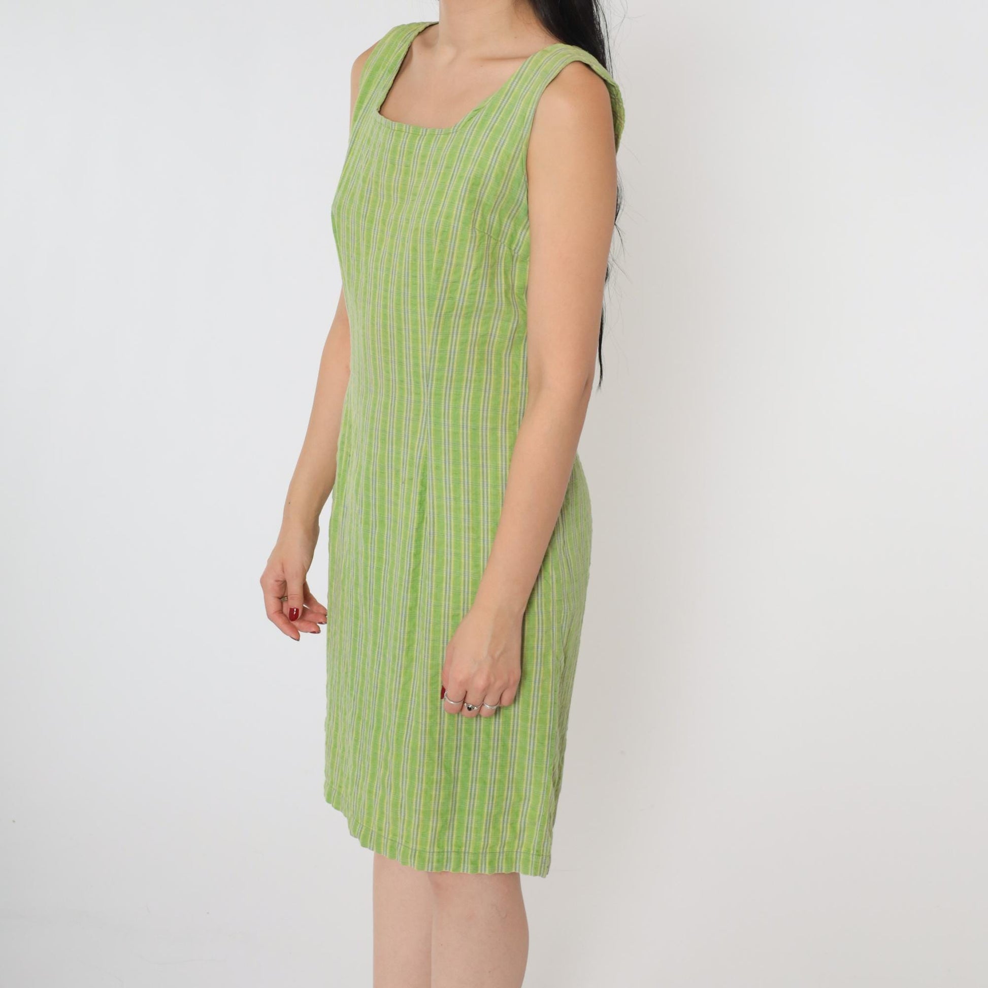 90s Forenza Green Checkered Mini Dress Square Neck Sleeveless Small