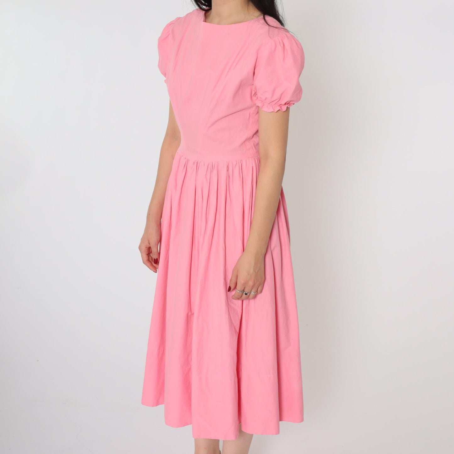 60s Bright Pink Puff Sleeve Midi Dress High Waist Full Skirt Small S