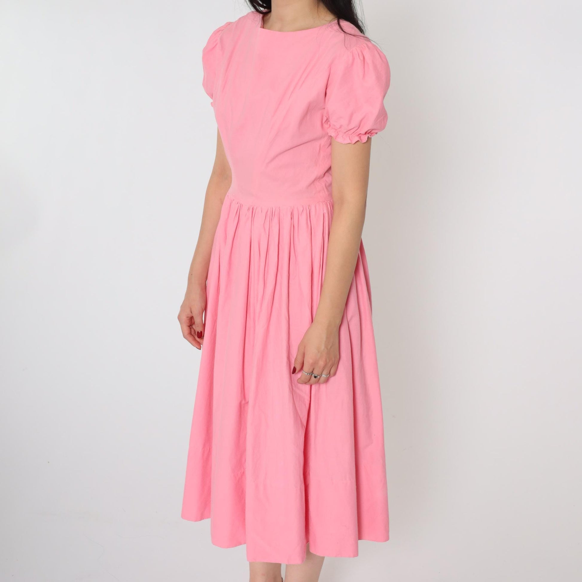 60s Bright Pink Puff Sleeve Midi Dress High Waist Full Skirt Small S