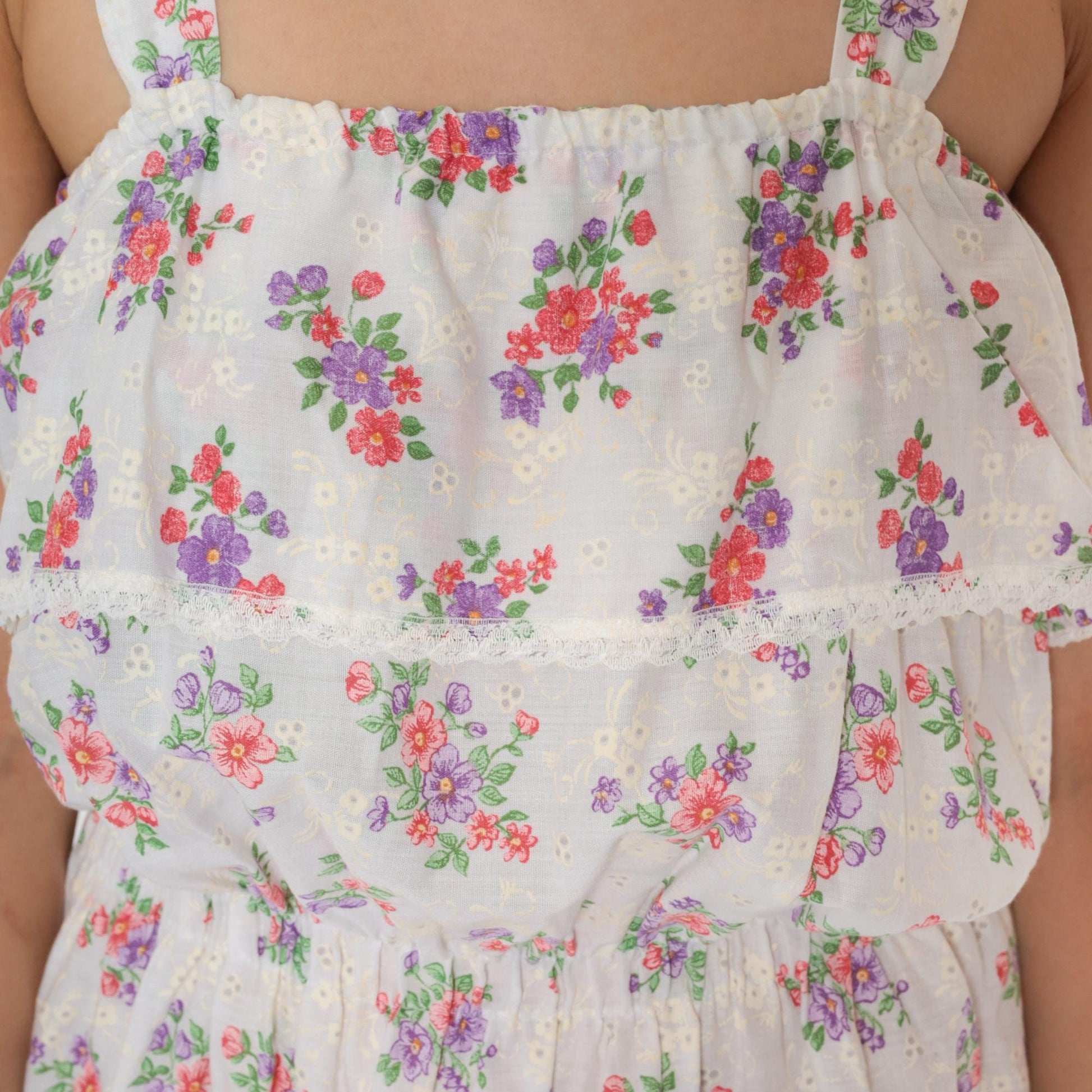 70s White Floral Midi Sun Dress High Elastic Waist Tank Straps Small Medium