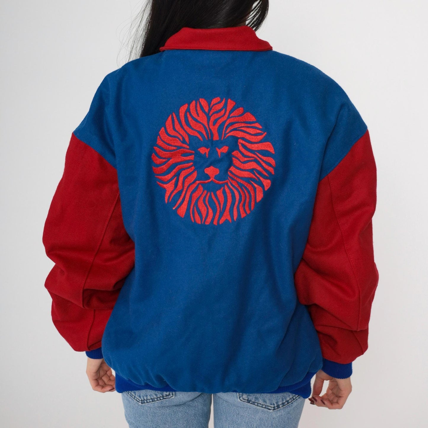 90s Universidad de Guadalajara Wool Varsity Jacket Lion Embroidery Blue Red Large