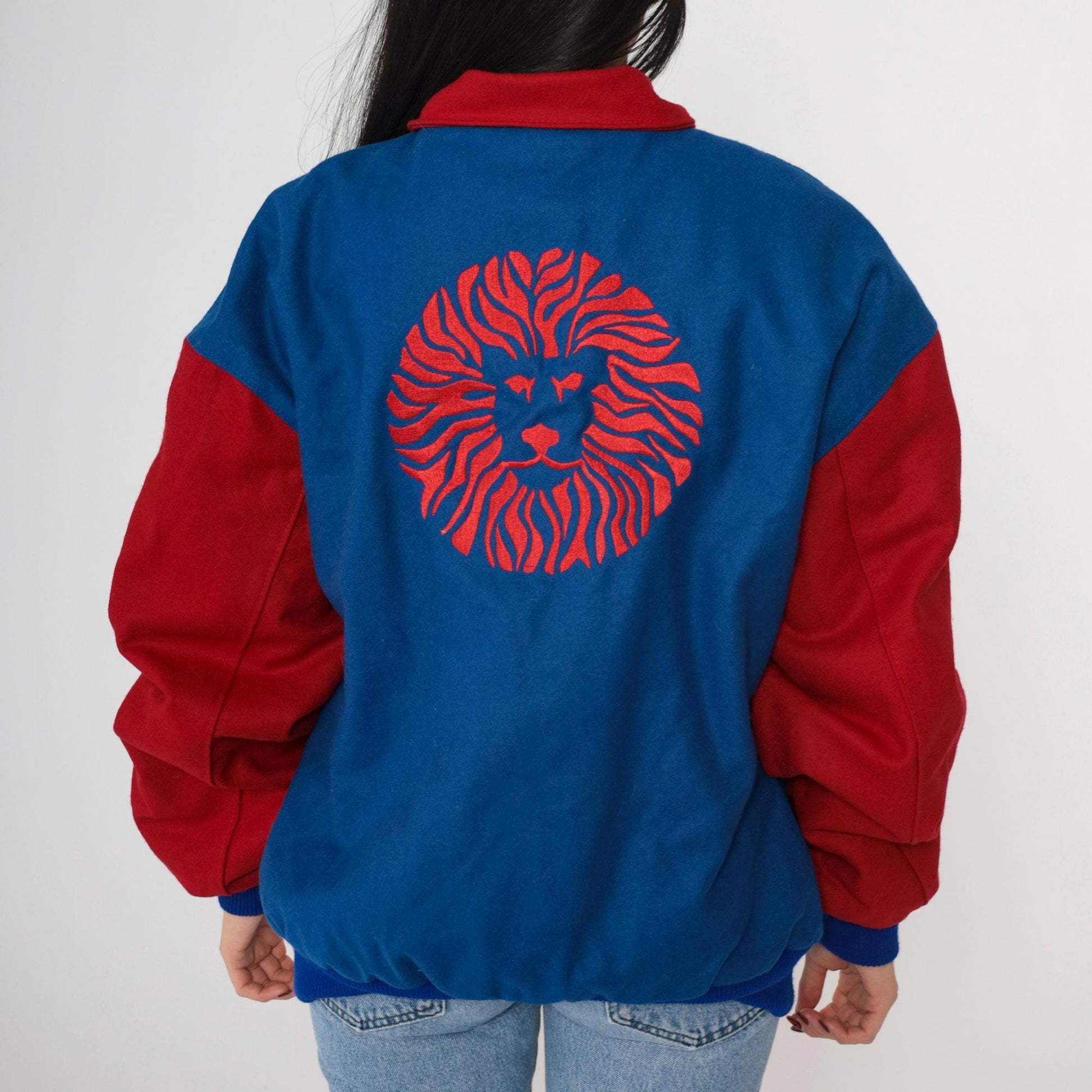 90s Universidad de Guadalajara Wool Varsity Jacket Lion Embroidery Blue Red Large