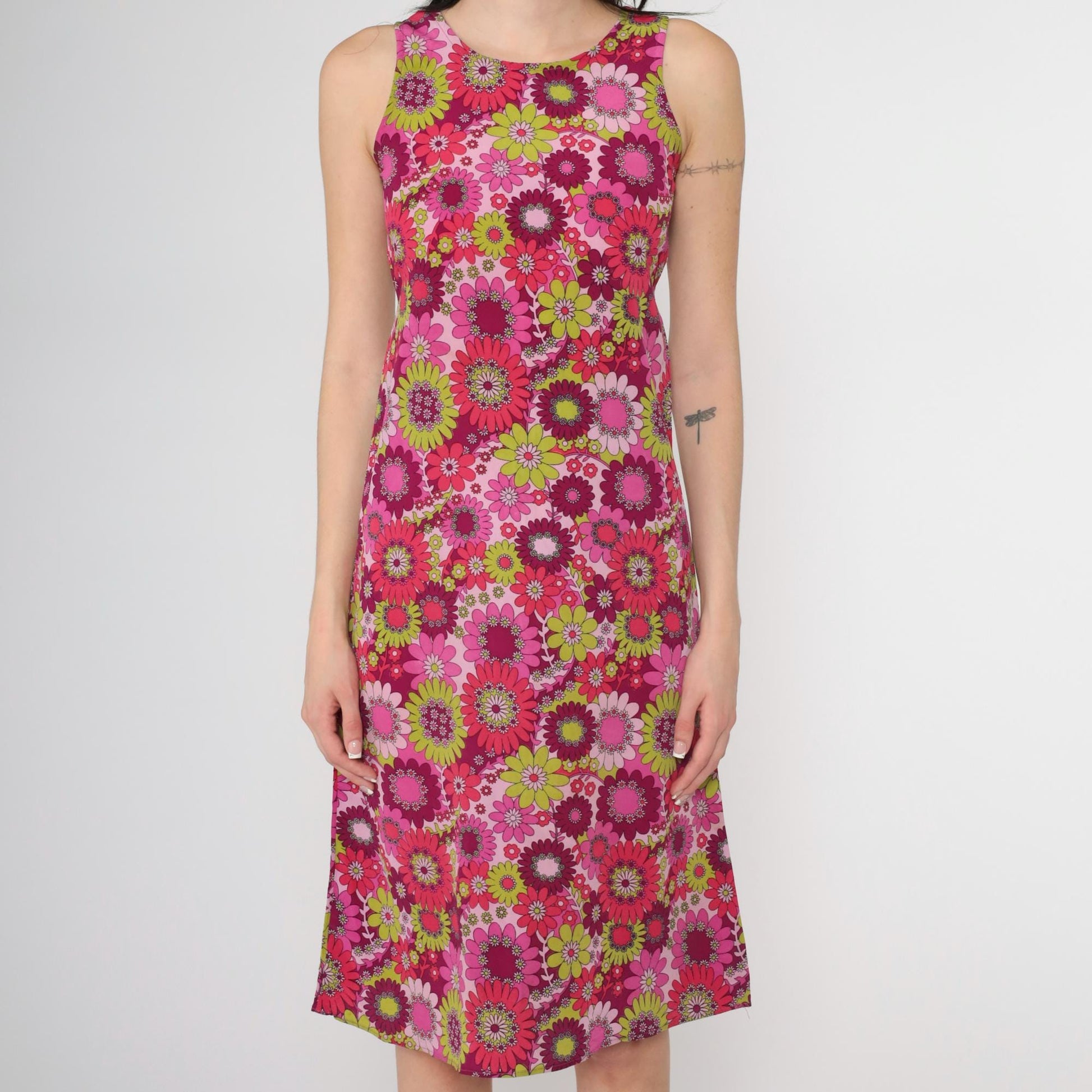90s Floral Midi Sundress Shift Sleeveless Pink Purple Lime Green 2XS