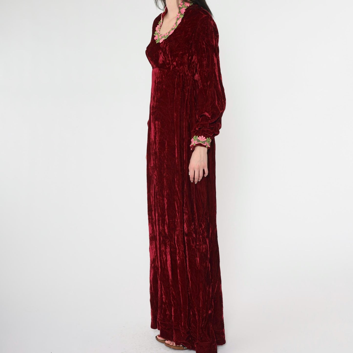 70s Red Velvet Maxi Dress Empire Waist Lace Long Sleeve Small