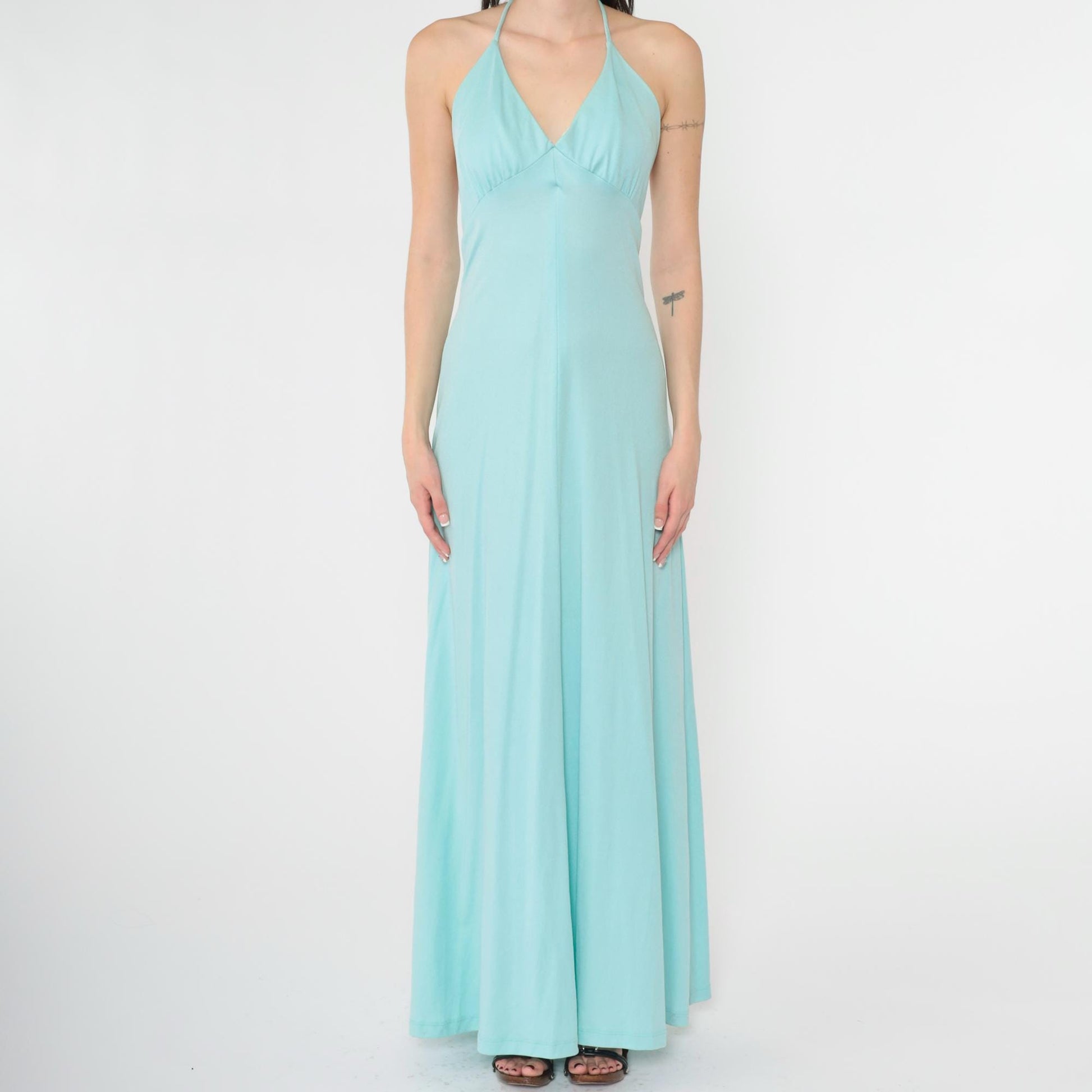 70s Light Blue Halter Maxi Dress Open Back Empire Waist Extra Small